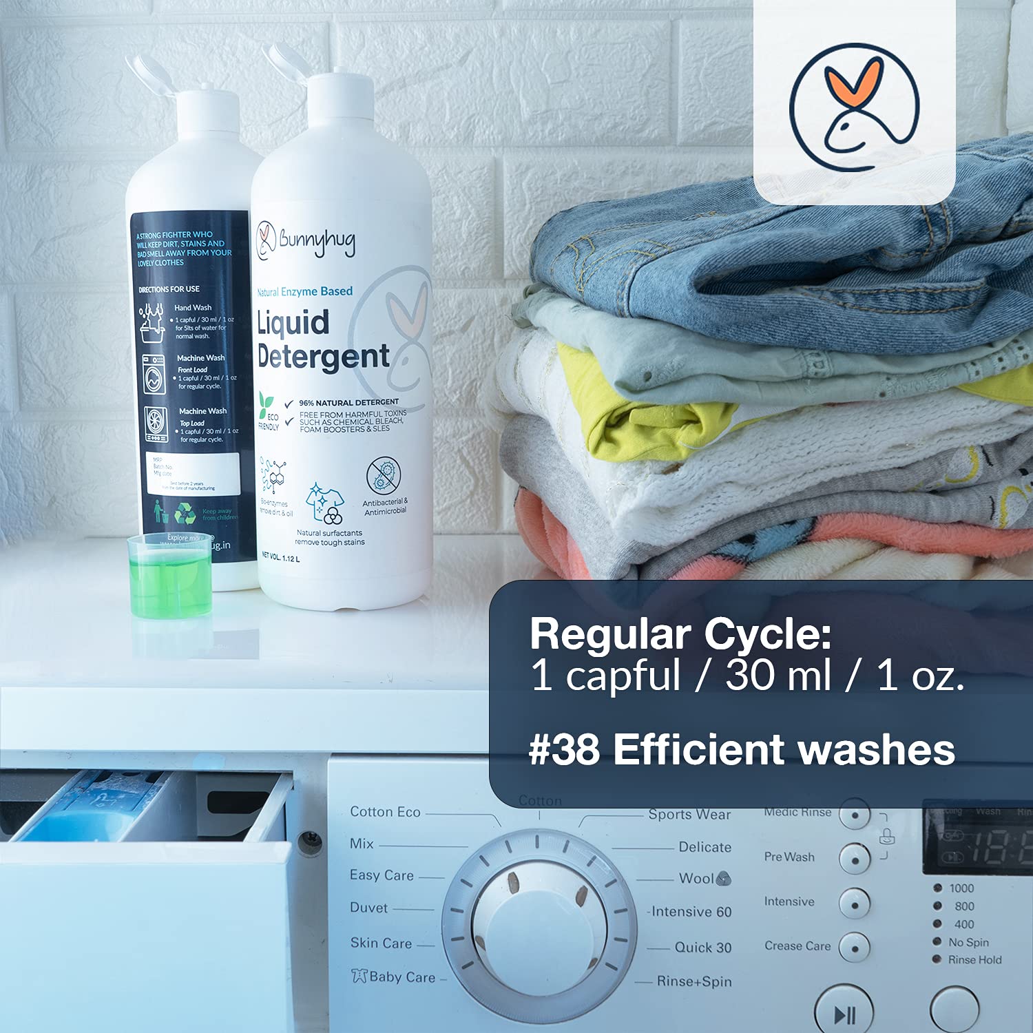 **Bunnyhug Natural Enzyme Laundry Detergent Liquid - 100% Plant-Based, Vegan, Toxin-Free - Safe for Top & Front Load Washers (1.12 Litre) - Gentle on Clothes & Skin, Ideal for Babies, Sensitive Skin & Eco-Conscious Families**