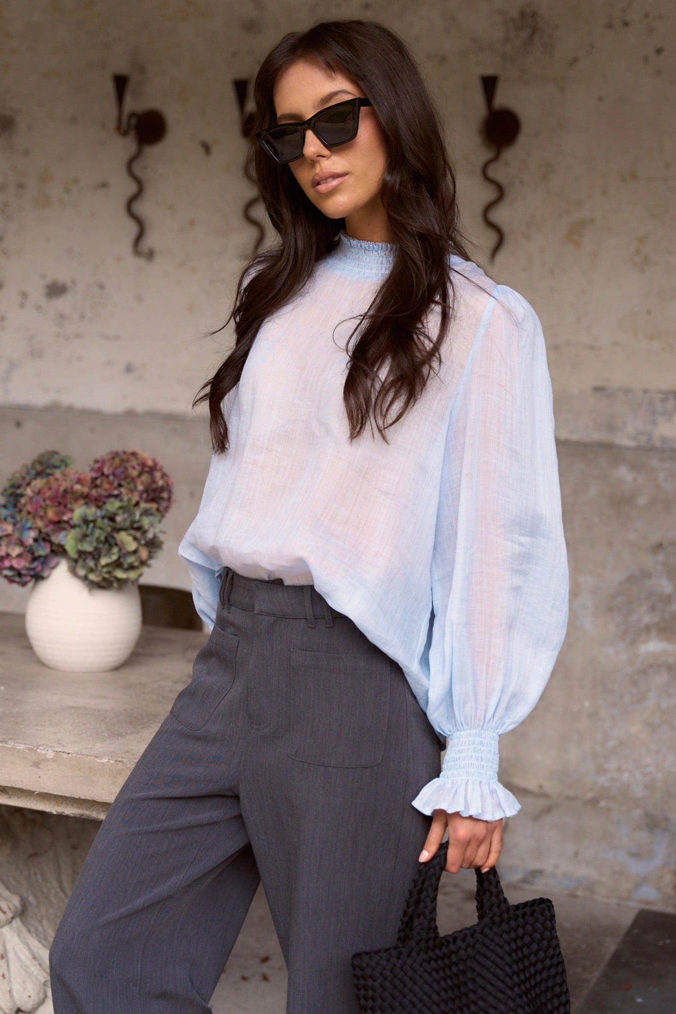 Embrace Ice Blue Ramie Shirred Neck Long Sleeve Top for Women - Boho Chic Blouse for Casual Wear & Summer Outfits