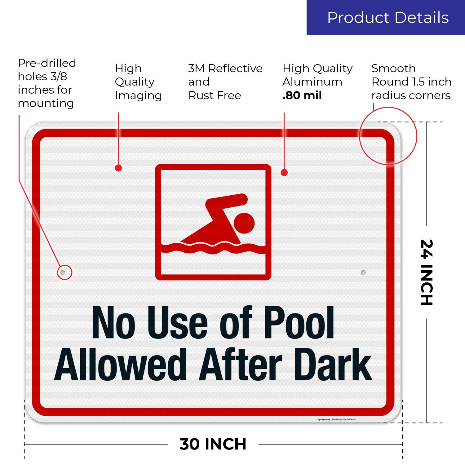 No Swimming After Dark Sign - 24x30 Inches Reflective Pool Safety Sign, 3M EGP .080 Aluminum, Fade Resistant for Indoor/Outdoor Use - Made in USA | Perfect for Swimming Pools, Community Pools & Backyard Safety