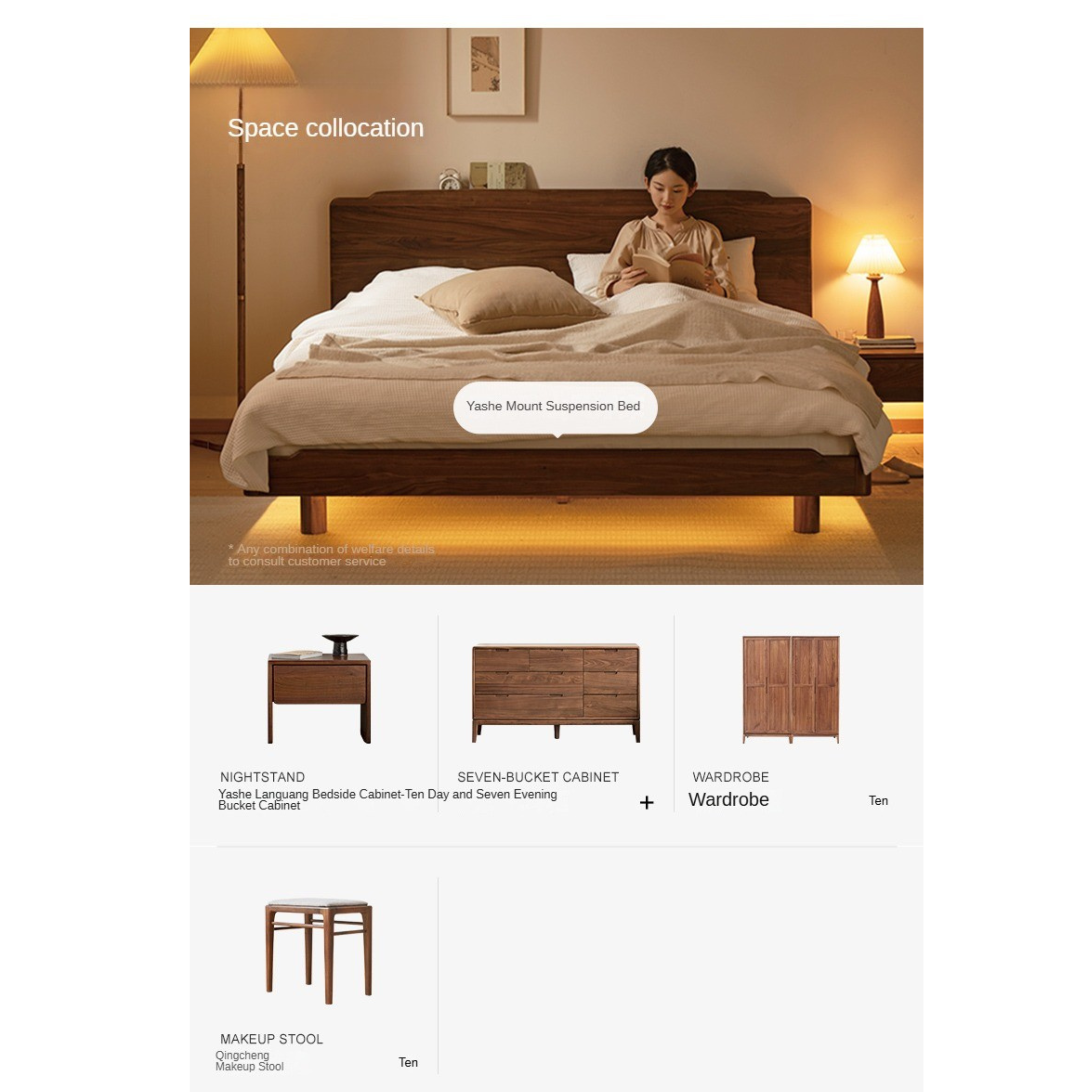 Solid Black Walnut Wood King Size Bed with LED Lighting - Perfect for Master Bedroom, Guest Room & Luxury Home Decor