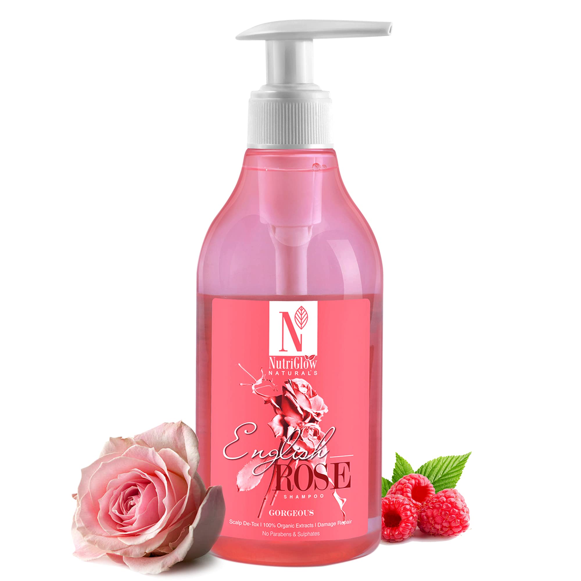 NutriGlow NATURAL'S English Rose Shampoo for Dry Damaged Hair & Sensitive Scalp - Stimulates Hair Growth, Deep Hydration, Voluminous Shine | Paraben-Free, Sulfate-Free, 300ml | Perfect for Daily Hair Care & Scalp Nourishment