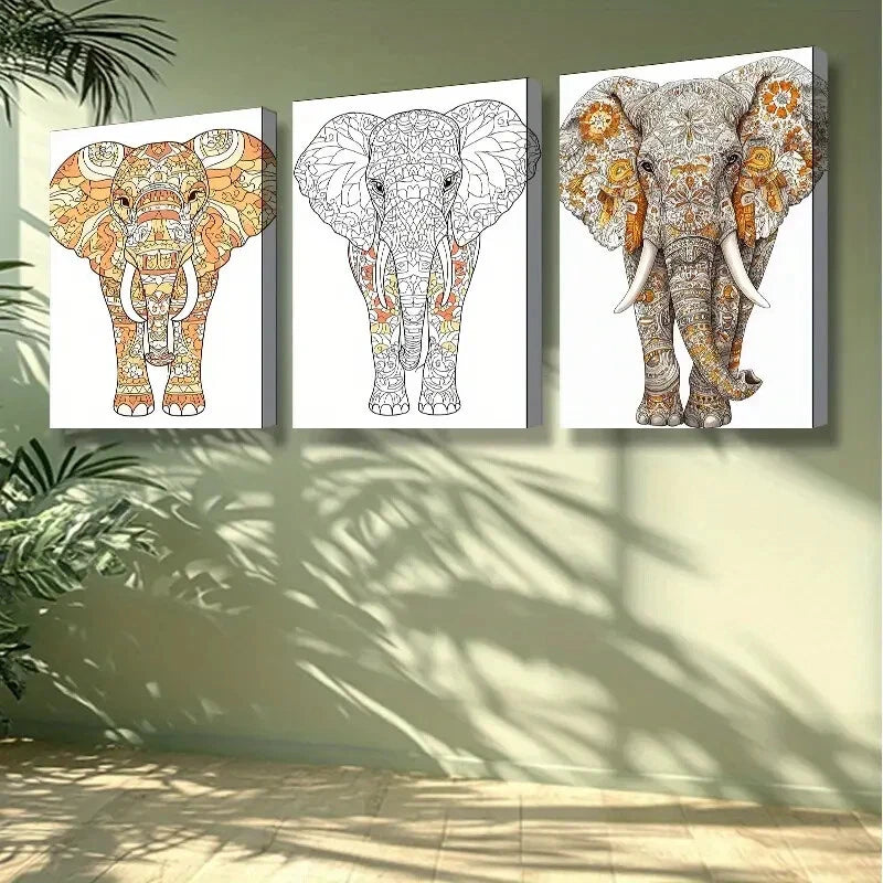3-Piece Stylized Elephant Wall Art Set - Framed Canvas Paintings 40x60cm | High Quality Print | 100% Australian Made | Ready to Hang | Perfect for Living Room, Bedroom & Office Decor