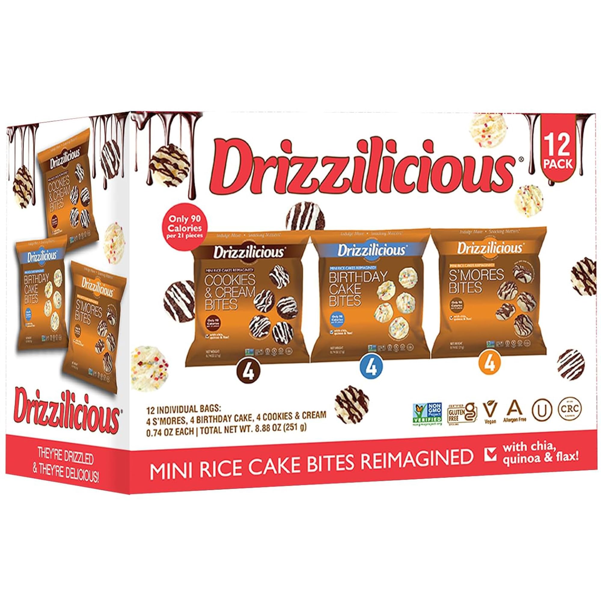 Drizzilicious Mini Rice Cakes Variety Pack - 12 Pack Gluten Free & Vegan Rice Crisps Snacks (0.74oz/Bag) | Low Calorie (90 Cal/Bag), Allergen Free Healthy Snacks for Adults & Kids | Perfect for School Lunches, Office Snacking & On-the-Go Treats