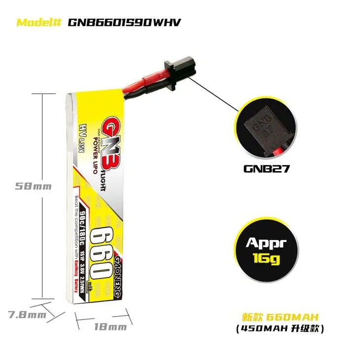 GNB GAONENG 660mAh 1S 3.8V High Voltage 90C LiPo Battery Pack of 4 - Perfect for FPV Drones, RC Cars, and Mini Quadcopters