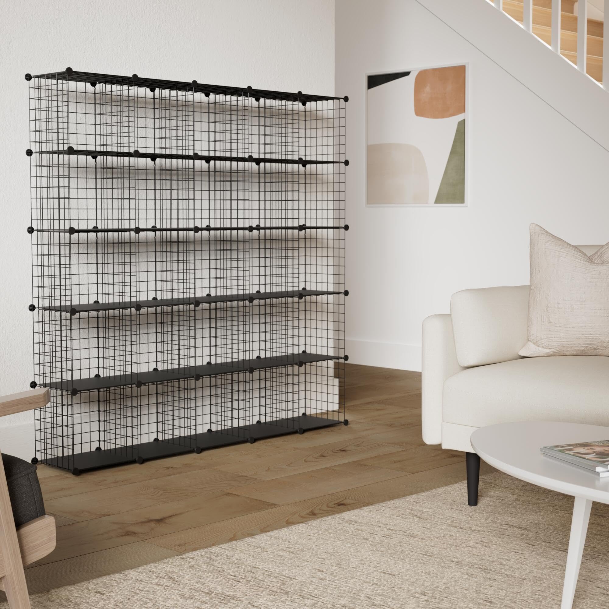 HUBSON 25-Cube Metal Grid Storage Shelf - Freely Combinable Wire Cube Organizer for Books, Toys, Crafts, Potted Plants & Pet Supplies | Black Iron Closet & Home Storage Solution | Perfect for Bedroom, Office & Garage Organization