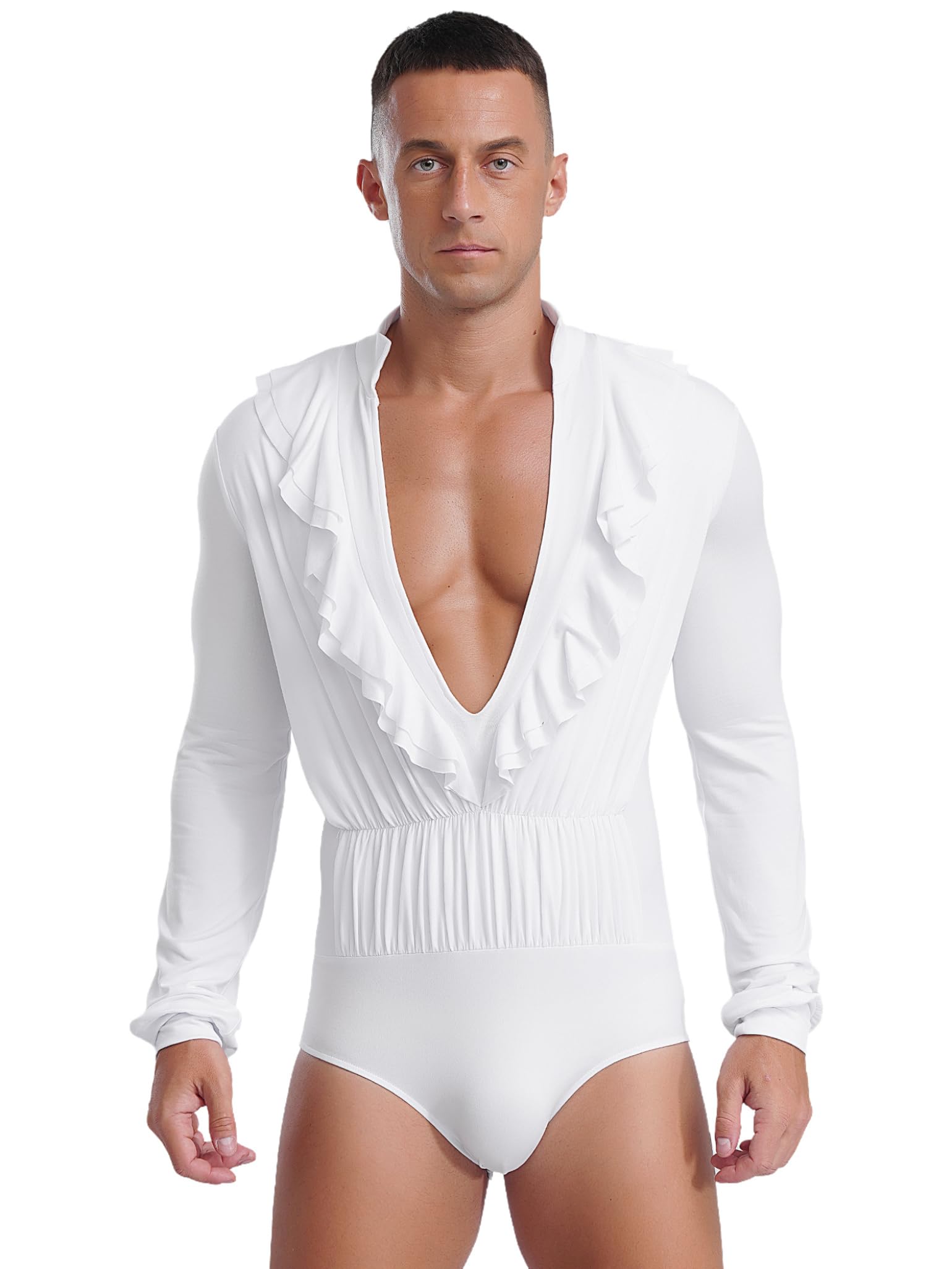 Men's Latin Dance Shirt - Deep V Neck Long Sleeve Tango Leotard Top for Ballroom & Salsa Performance (Ideal for Competitions, Shows & Dance Practice)
