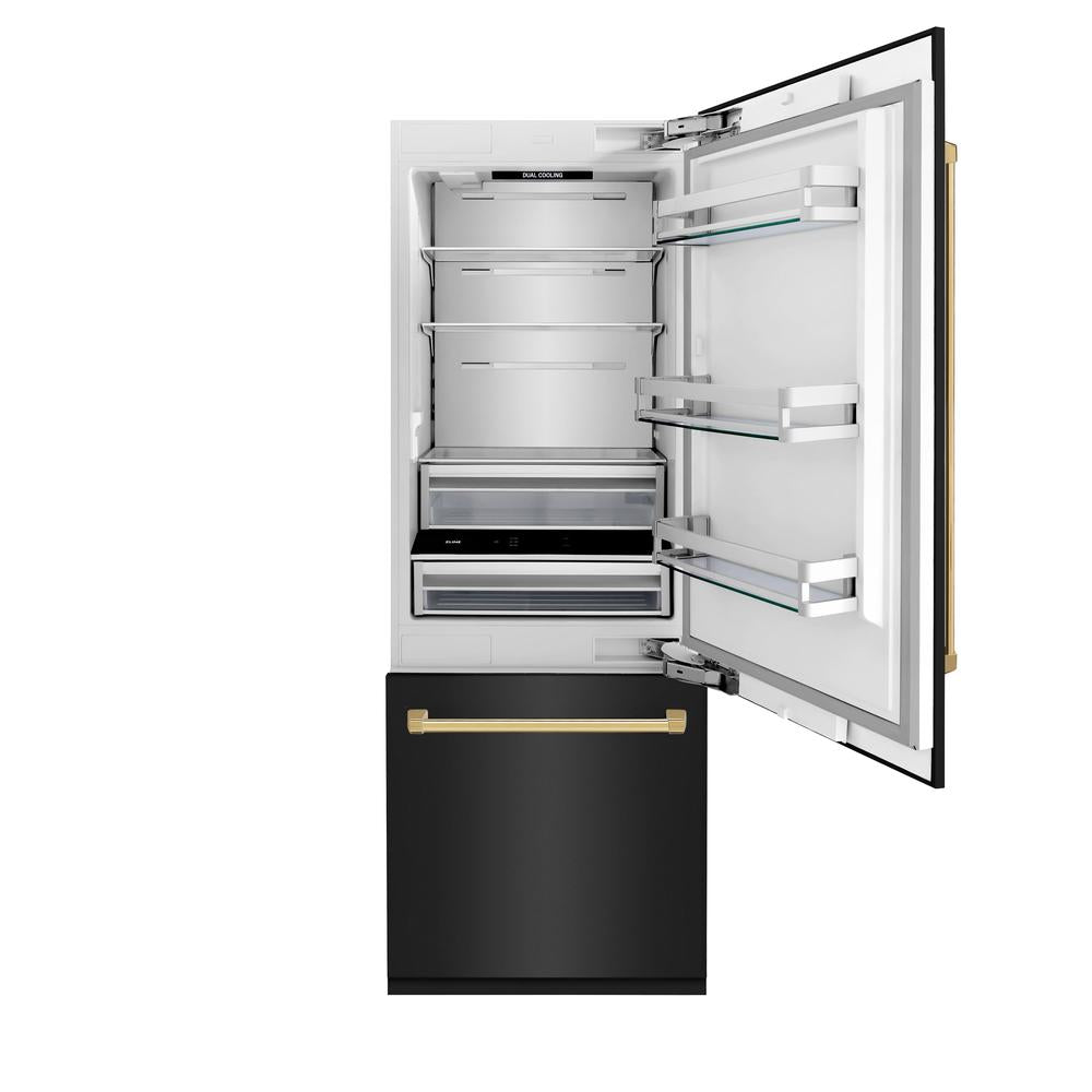 ZLINE Autograph Edition 30-Inch Built-In Bottom Freezer Refrigerator - 16.1 cu ft Capacity, Black Stainless Steel with Gold Accents, Water Dispenser & Ice Maker - Perfect for Modern Kitchens & Open-Concept Homes