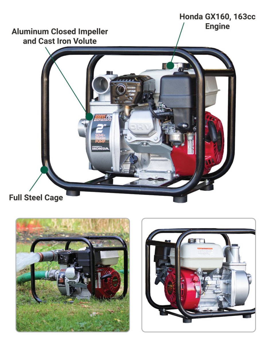 Brave 2 Inch Semi Trash Pump with Honda GX160 Engine - Heavy Duty Water Transfer for Construction, Flood Control & Agricultural Irrigation