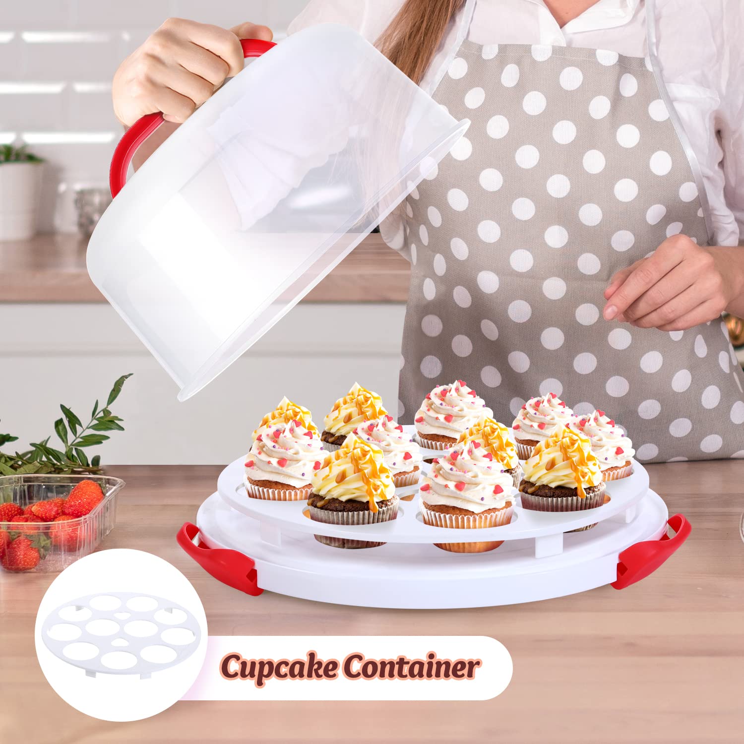 Ohuhu 10 Inch Round Cake Carrier with Lids - BPA-Free Portable Cake Holder for Cupcakes, Pies, Cookies, Nuts & Fruits | Two-Sided Base Design | Perfect for Parties, Picnics & Gift Giving