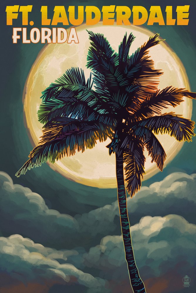 Ft. Lauderdale Florida Wall Art - 12x18 Tropical Palms & Moon Poster - Beach Themed Room Decor for Living Room, Bedroom or Office