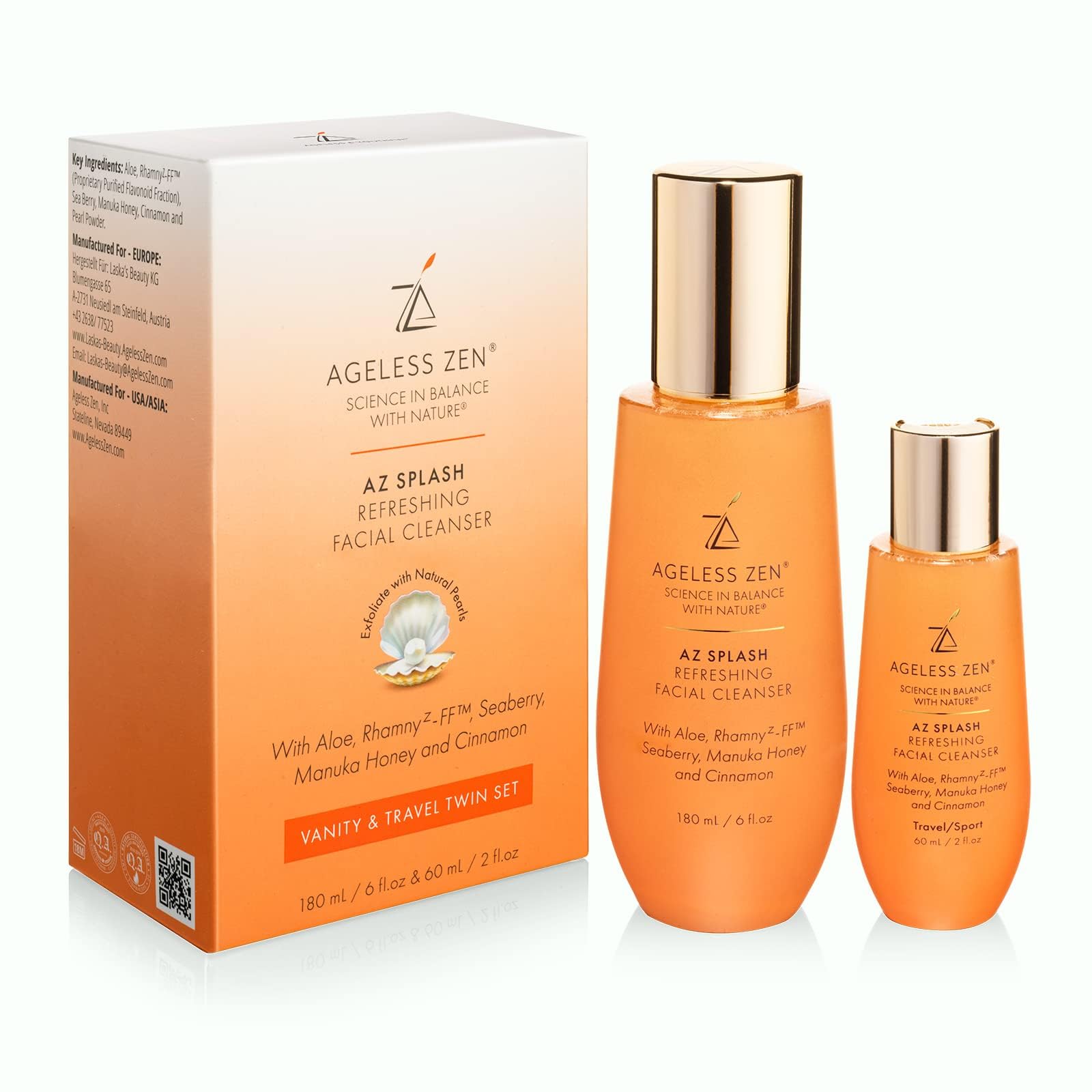 Honey & Pearl Powder Face Cleanser Set (180ml + 60ml Travel Size) - Hydrating, pH Balancing, Anti-Aging Facial Wash for Youthful Glow - Perfect for Travel & Daily Skincare Routine