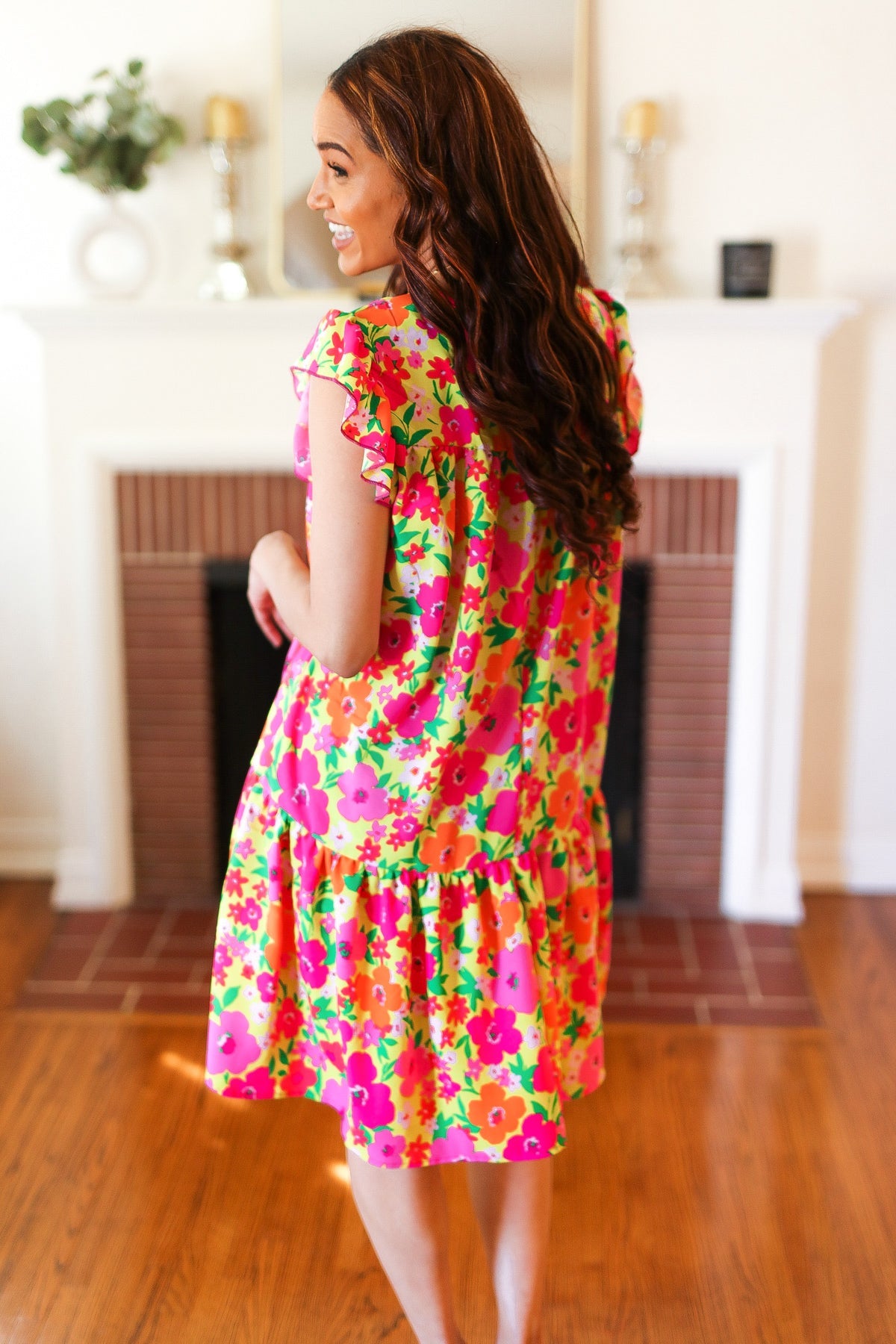 Be Charming Lime & Pink Floral Print Tiered Ruffle Sleeve Dress - Women's Summer Party Dress for Weddings, Garden Parties & Date Nights