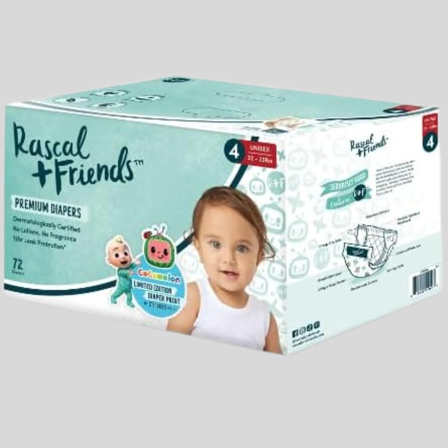 Rascal + Friends Diapers Premium Edition Size 4 (22-37 lbs), 72 Count - Ultra Absorbent, Hypoallergenic Baby Diapers for Day & Night Use - Perfect for Active Toddlers at Home or On-the-Go