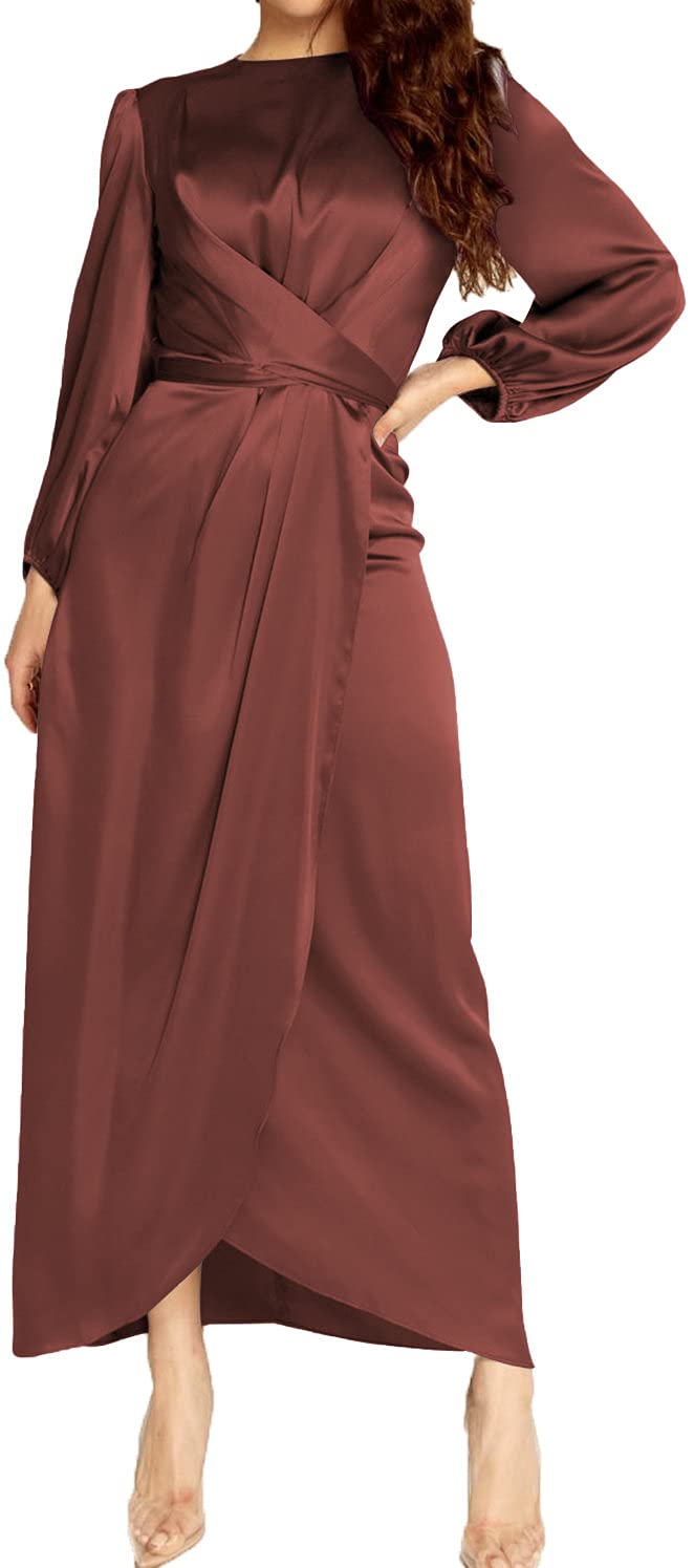 Elegant Empire Waist Long Sleeve Satin Maxi Dress for Women | Formal Evening Gown | Perfect for Weddings, Parties & Special Occasions