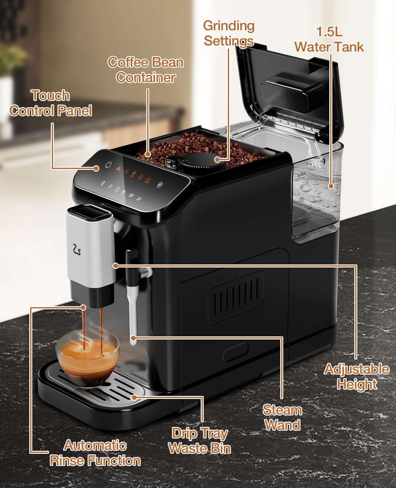 Fully Automatic Coffee Machine - 20 Bar Professional Espresso Maker with Built-in Grinder & Milk Frother, Adjustable Grind Size (1-15 Levels), 1.5L Large Water Tank - Perfect for Home Baristas to Make Espresso, Cappuccino & Latte - Ideal for Kitchen, Office or Small Coffee Shop Use