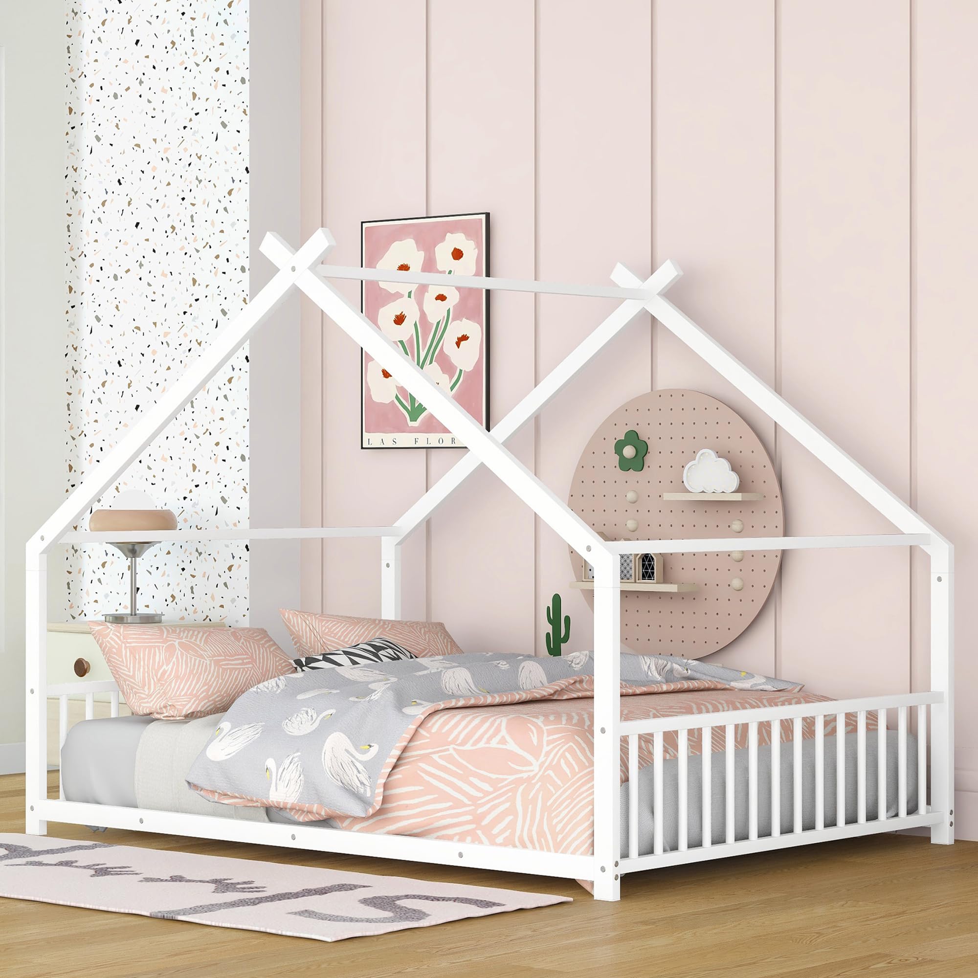 Montessori Floor Bed Frame for Kids - Full Size House Bed with Headboard & Slats - Heavy Duty Metal Bed for Boys & Girls - White Full Size Floor Bed - Perfect for Montessori Bedrooms & Playrooms