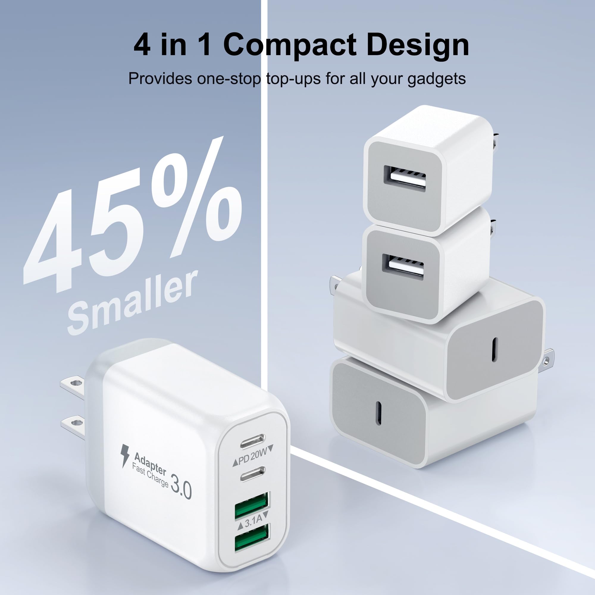 2-Pack 40W USB C Wall Charger Fast Charging Block with 4 Ports PD 3.0 & QC 3.0 - Compatible with iPhone 16/15/14/13/12 Series, iPad Pro/Air/Mini, Samsung Galaxy, Google Pixel - Perfect for Home, Office & Travel Charging Needs