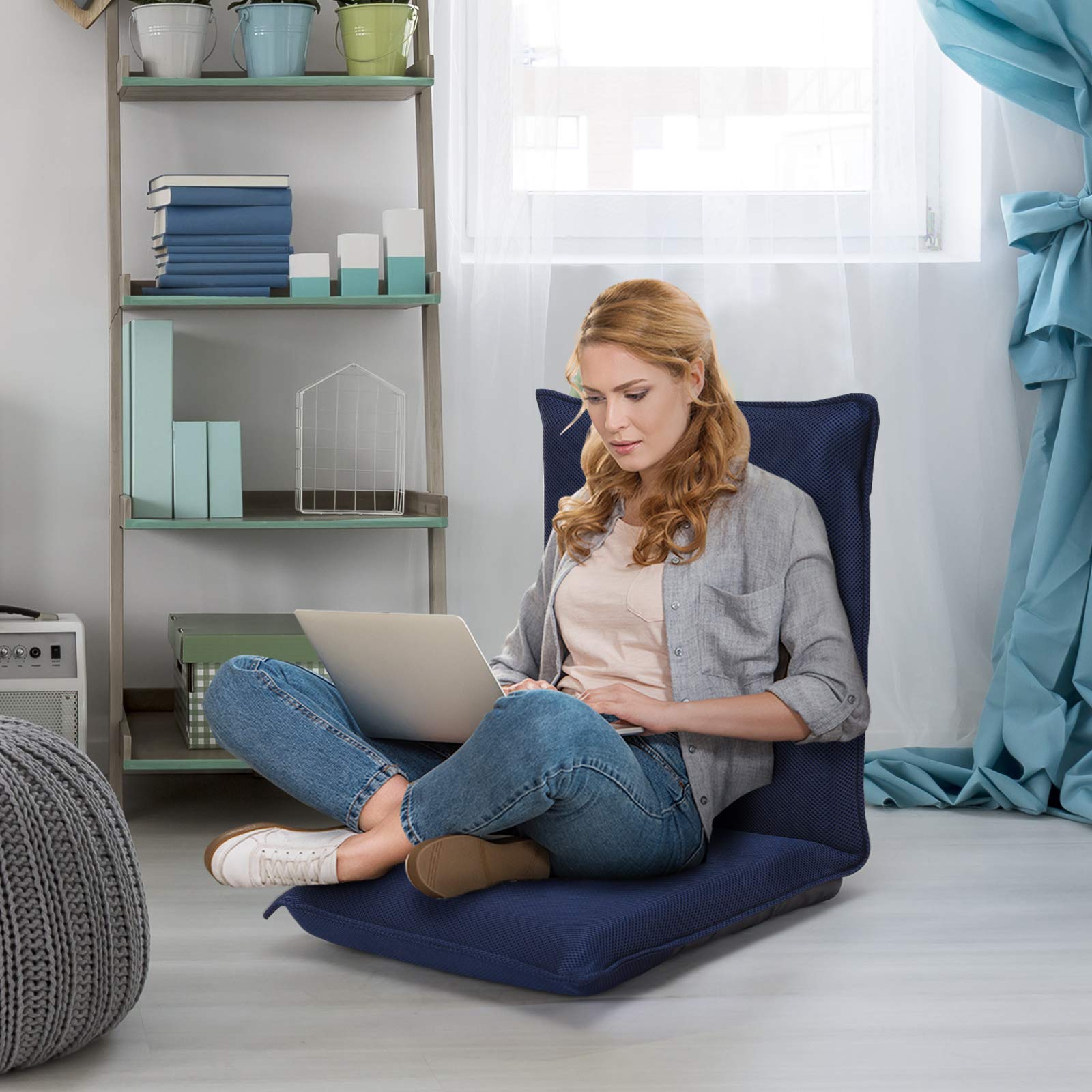 GOFLAME Adjustable Floor Chair - 6-Position Folding Padded Gaming Sofa with Cushioned Back Support - Ergonomic Lazy Sofa for Reading, Meditation, Gaming & Relaxation (Navy Blue) - Perfect for Small Spaces, Dorm Rooms & Home Office Comfort