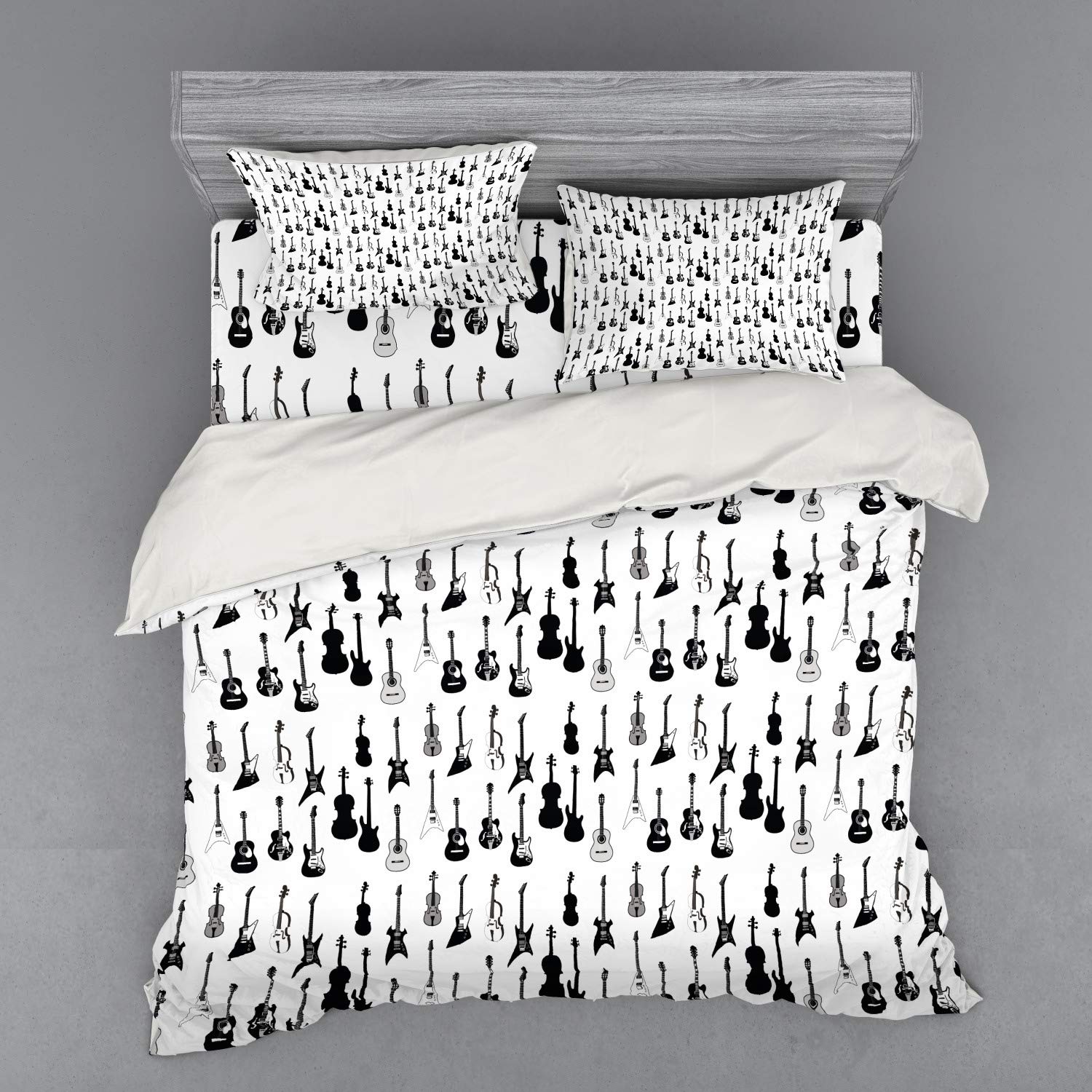 Ambesonne Music Themed Duvet Cover Set - Monochrome Strings with Acoustic, Electric Guitar, Cello & Violin Design - 4 Piece King Size Bedding Set with Shams & Fitted Sheet in Black White Grey - Perfect for Musicians' Bedrooms, Music Studio Decor or Gift for Music Lovers