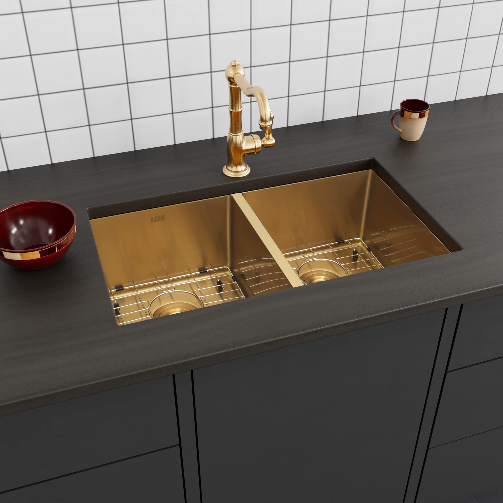 LQS 31 Inch Undermount Double Bowl Stainless Steel Kitchen Sink with Accessories - Gold Finish for Modern Farmhouse & Luxury Home Kitchen Renovation