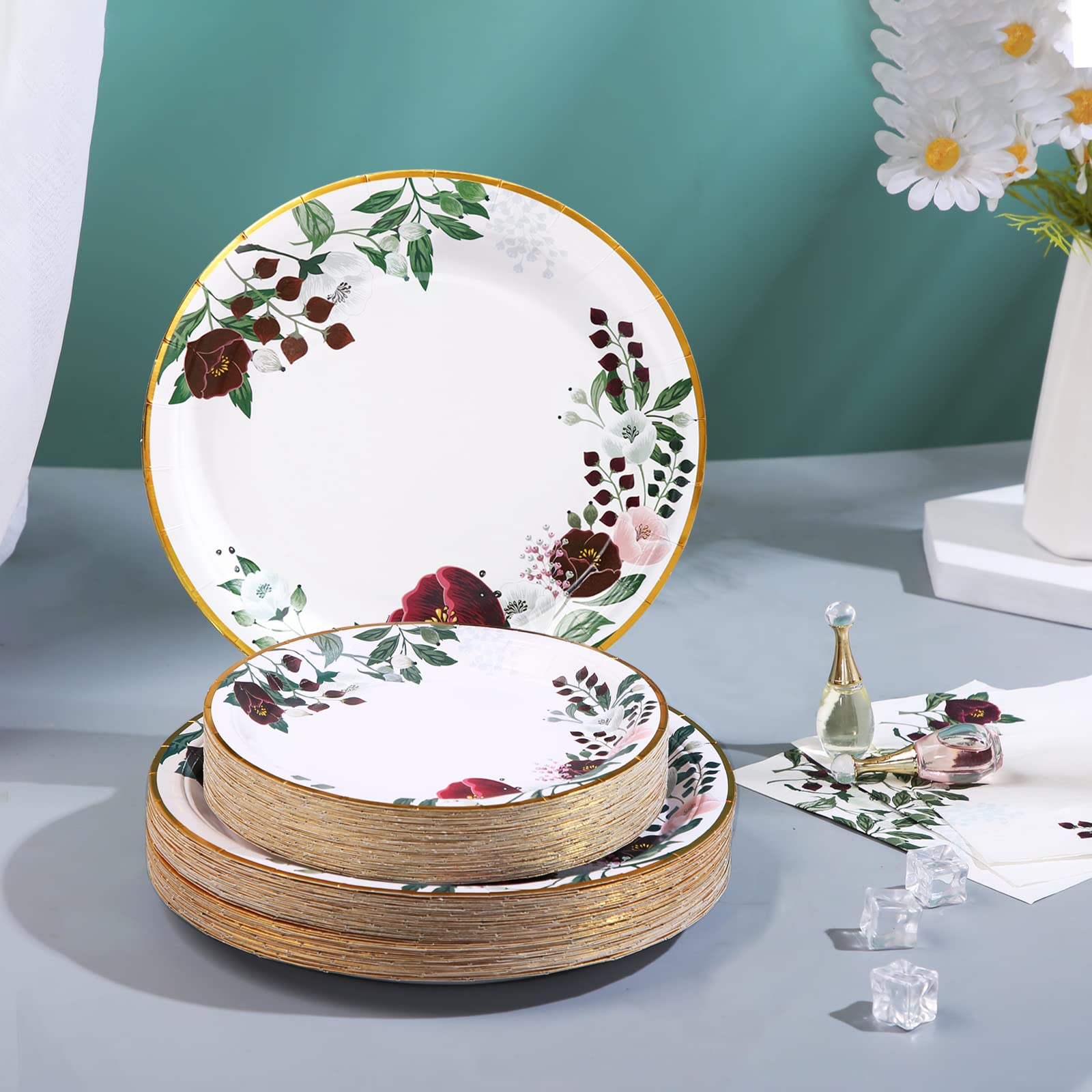 200Pcs Burgundy Floral Paper Plates & Napkins Set - Elegant Wedding, Bridal Shower & Party Supplies for 50 Guests - Perfect for Birthday, Valentine's Day, Easter & Spring Celebrations - Ideal for Indoor/Outdoor Events, Baby Showers & Anniversary Parties
