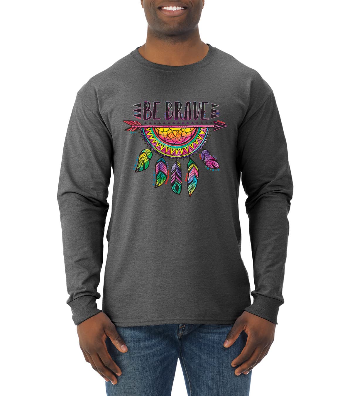 Dean Russo Art Pop Culture Men's Long Sleeve Shirt - Colorful Neon Be Brave Dreamcatcher Design | Casual Wear, Street Fashion & Gift for Art Lovers