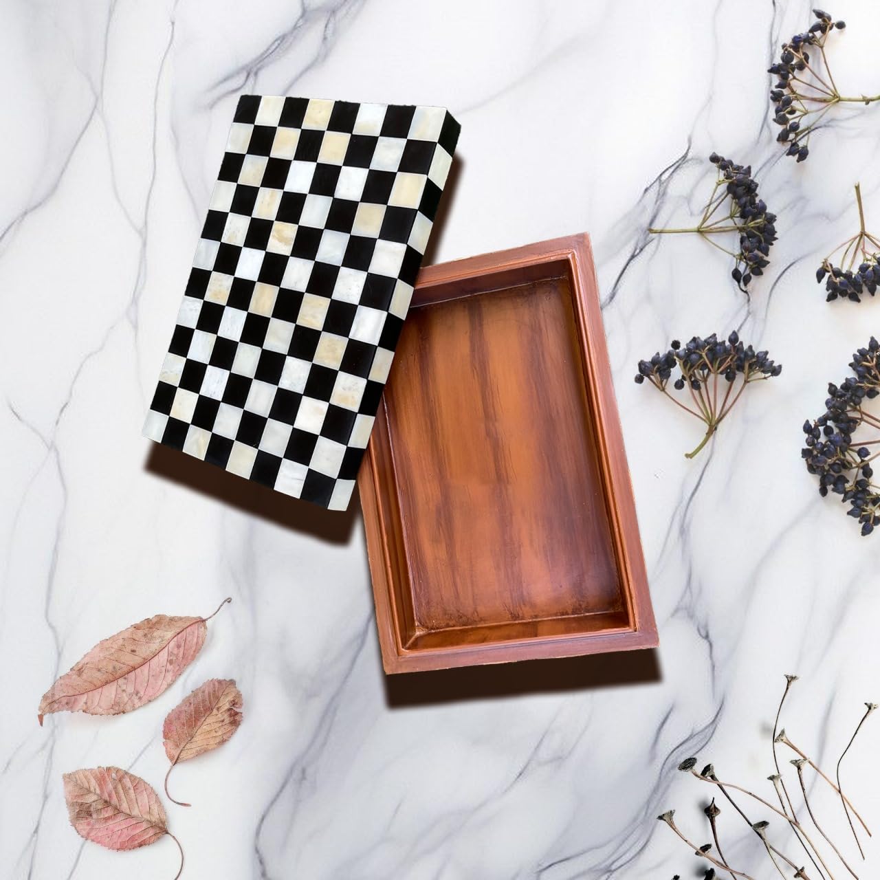 Handmade Black & White Bone Checkered Inlay Box - Chess Pattern Storage Organizer | Multipurpose Jewelry & Keepsake Box for Home Decor & Gift Giving