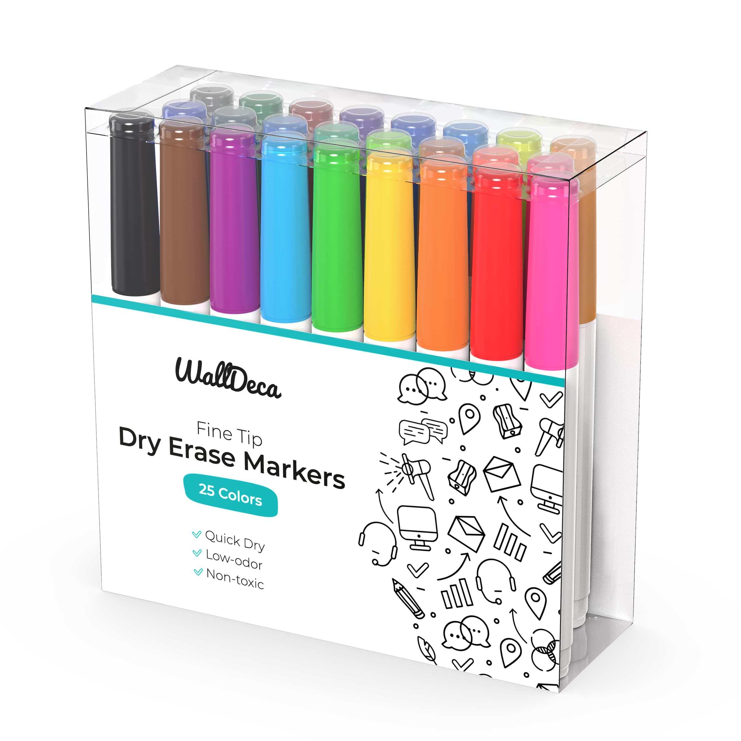 WallDeca Low-Odor Dry Erase Markers Set - 25 Vibrant Colors Fine Tip Whiteboard Pens for Office, Classroom & Home Use - Perfect for Calendars, Presentations & Creative Note Taking