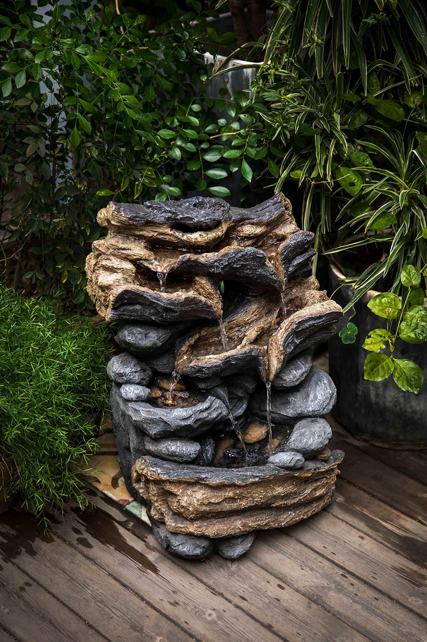 23 Inch Tall Stump Outdoor Freestanding Rock Waterfall Fountain with LED Lights & Pump - Perfect for Garden, Patio, and Backyard Decor