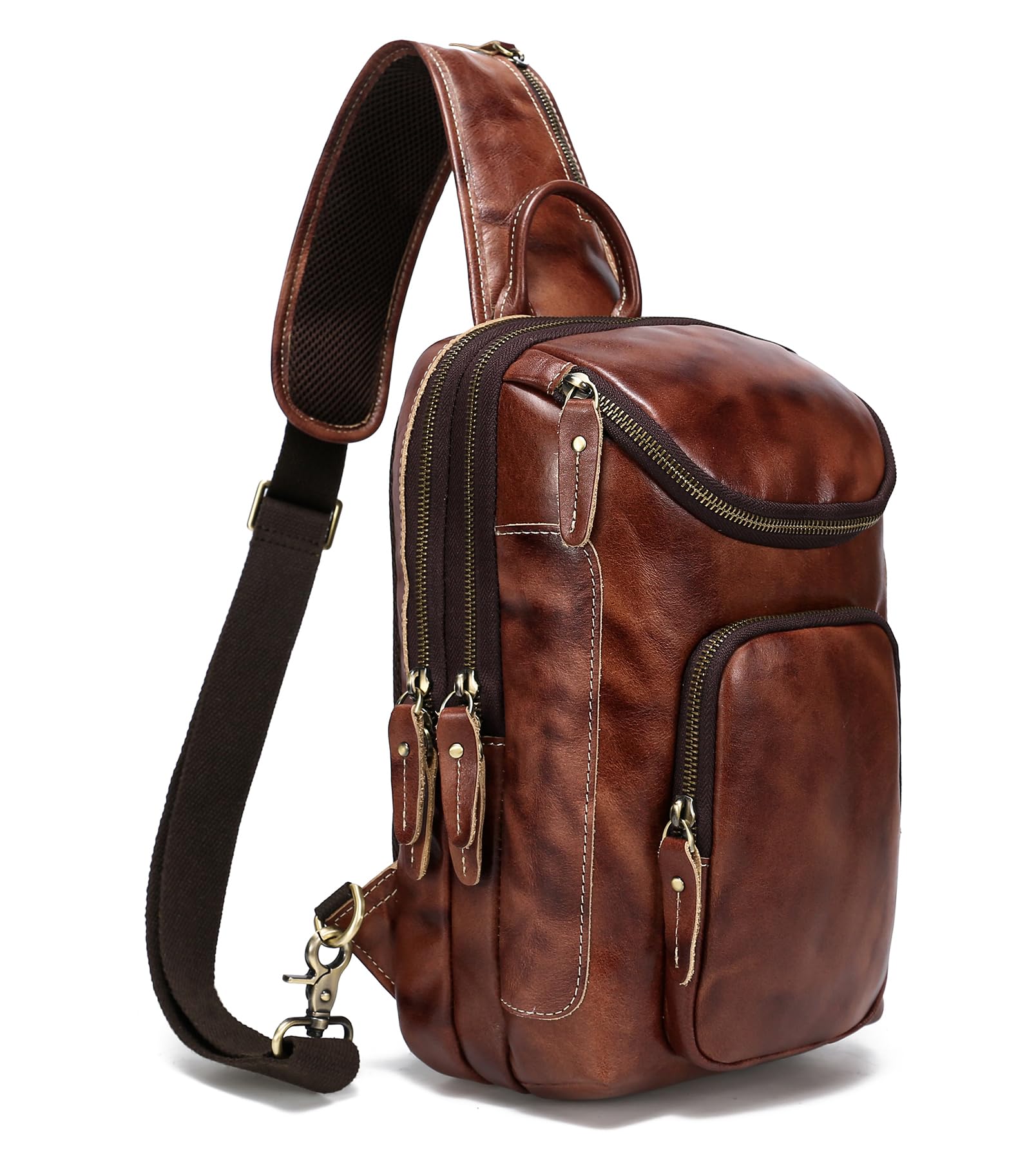 Vintage Full Grain Leather Sling Bag for Men & Women - Crossbody Chest Daypack - Perfect for Travel, Hiking, and Everyday Use