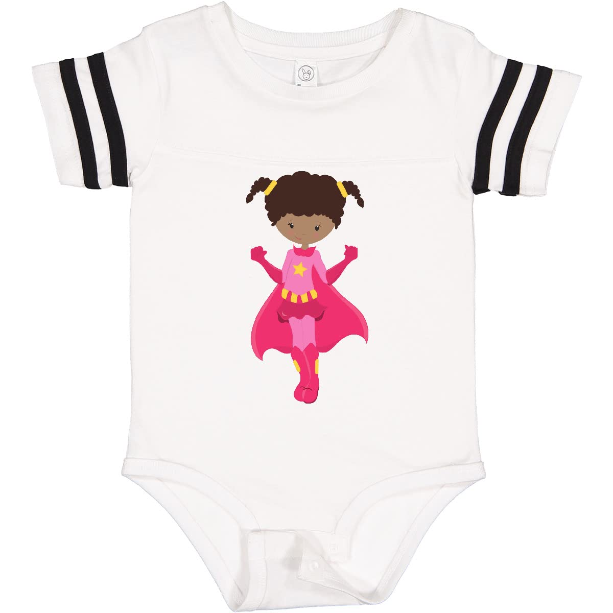 Inktastic Superhero Girl African American Baby Bodysuit with Pink Cape - Cute & Comfortable Outfit for Infants, Toddler Costume, Birthday Gift, Photo Shoot, Everyday Wear