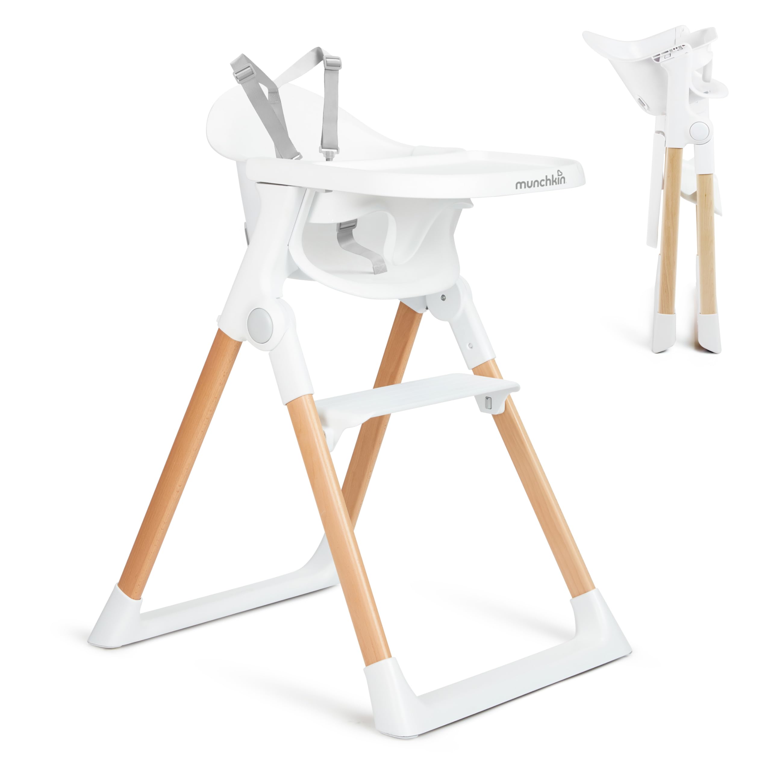 Munchkin Float Baby High Chair - Foldable & Easy Clean Infant Toddler Feeding Seat with Wooden Legs in White - Perfect for Home, Travel & Outdoor Dining