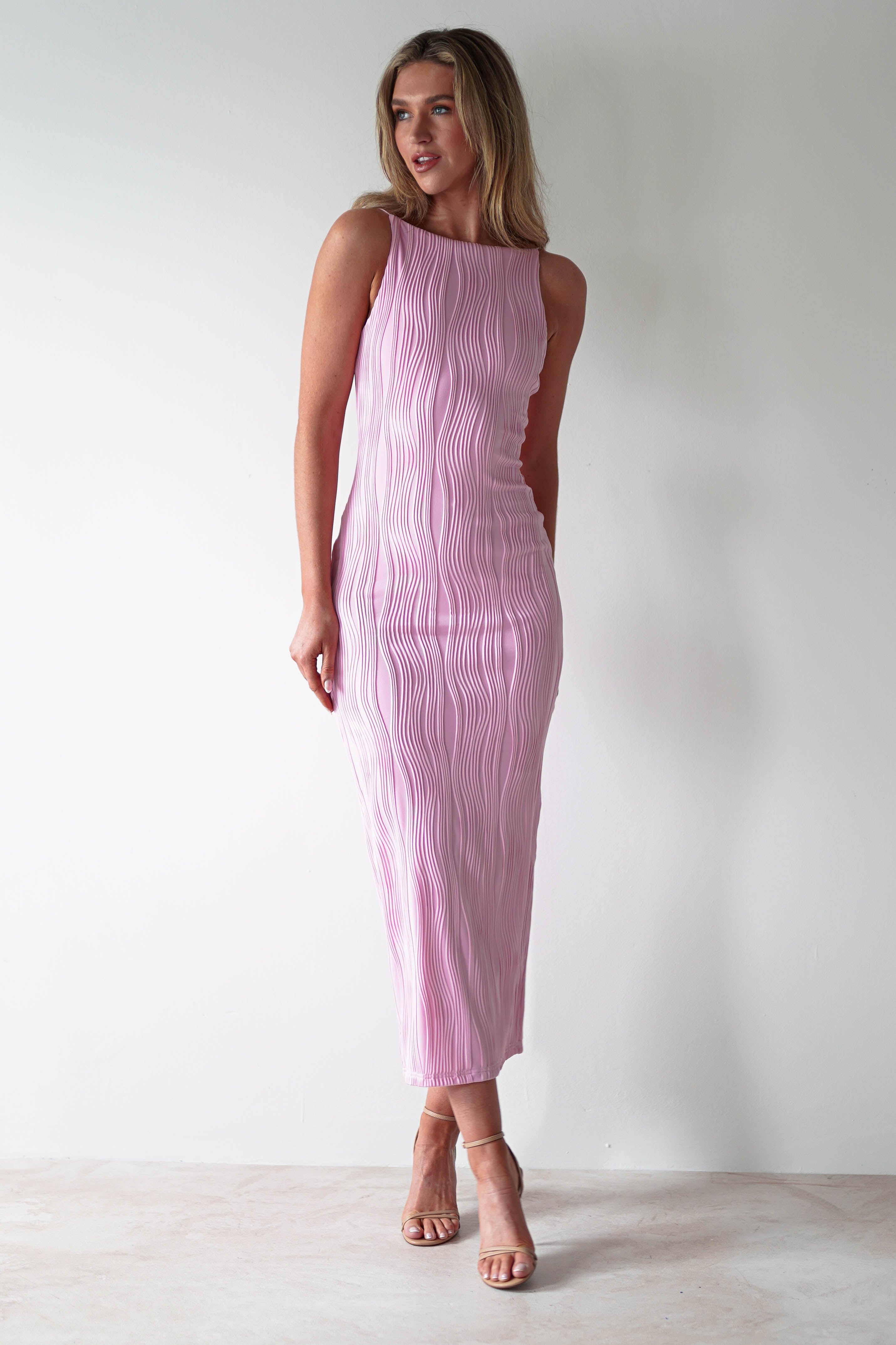Brighton Textured Bodycon Midaxi Dress for Women - Flattering Pink Stretchy Slim Fit Party Dress | Perfect for Cocktail Parties, Date Nights & Special Occasions