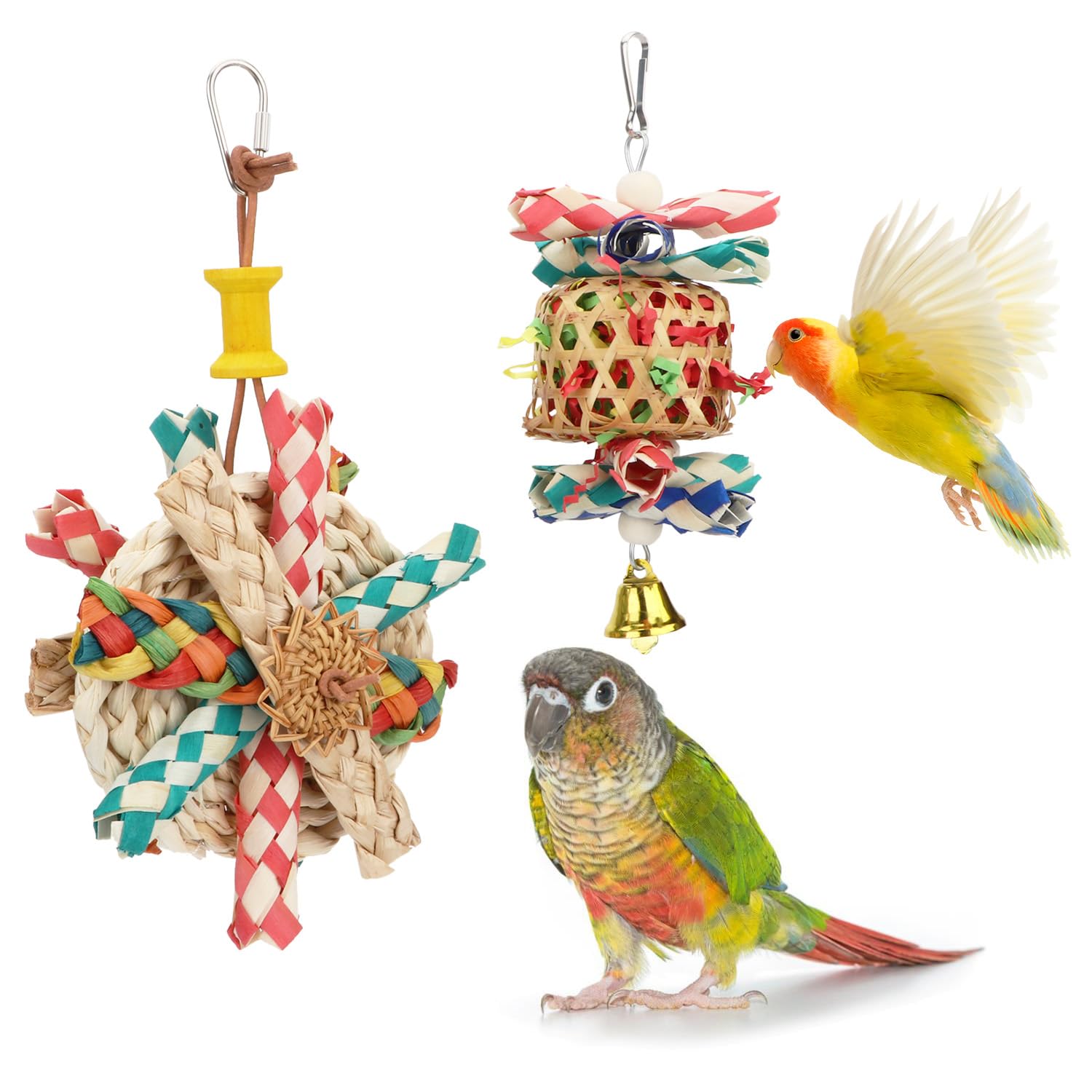 Natural Seagrass Woven Foraging Basket with Bell - Bird Chewing Toys for Parrots, Cockatiels, Sun Parakeets, Budgies & Lovebirds (2-Piece Set: Bite Cake + Woven Basket) - Perfect for Cage Enrichment & Mental Stimulation
