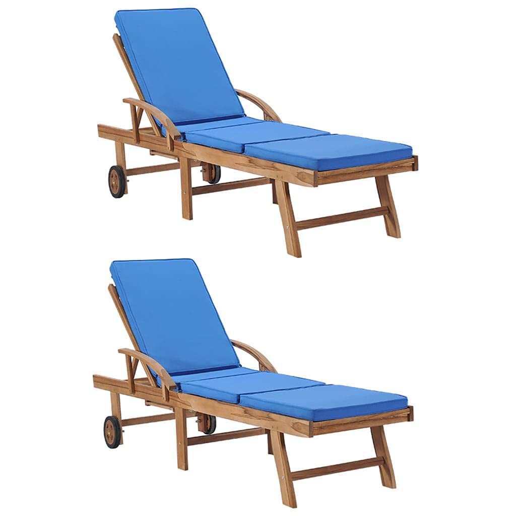 Premium Outdoor Recliner Sun Lounger - 2-Piece Teak Wood Pool Lounge Chair Set with Cushions (Blue) - Perfect for Patio, Garden, Beach & Poolside Relaxation