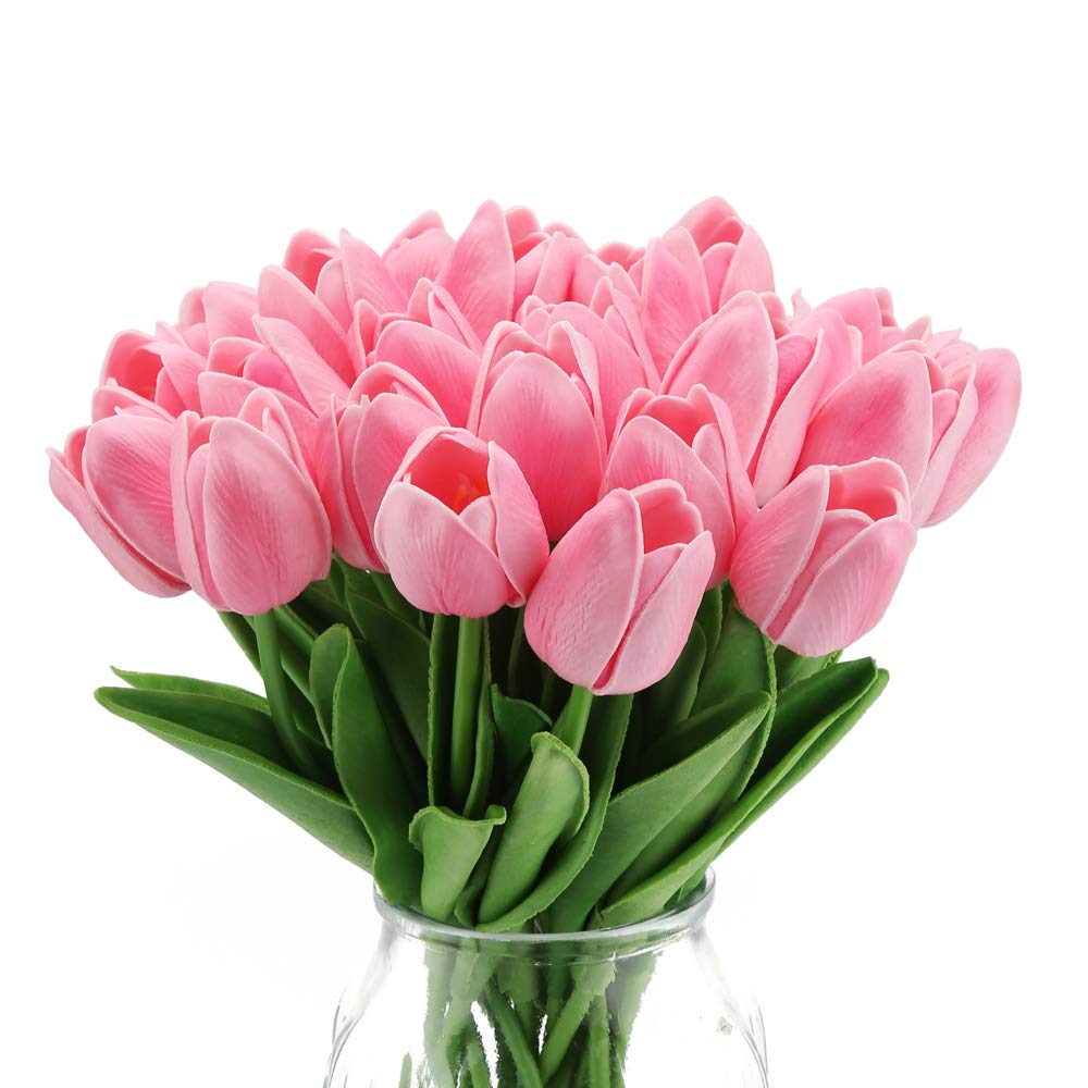 IPOPU 24PCS Real Touch Pink Tulips Artificial Flowers - Faux Silk Tulip Stems for Home Decor, Wedding Bouquets, Baby Showers, Bridal Centerpieces & Party Decorations (Pink) | Perfect for Spring Home Styling, Table Arrangements and Photo Backdrops