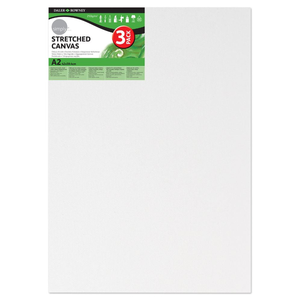 Daler Simply Canvas 3pk - A2 Size 42 x 59.4cm (16.5 x 23.4 Inches) - Premium Stretched Cotton Canvas for Acrylic & Oil Painting - Perfect for Artists, Students & DIY Projects