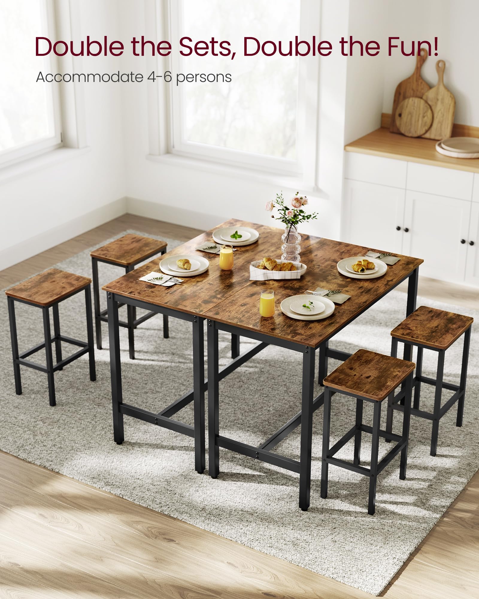 VASAGLE Industrial Bar Table Set with 2 Bar Stools - Rustic Brown and Black Kitchen Counter Height Dining Set for Living Room, Party Room, and Home Bar Decor ULBT15X