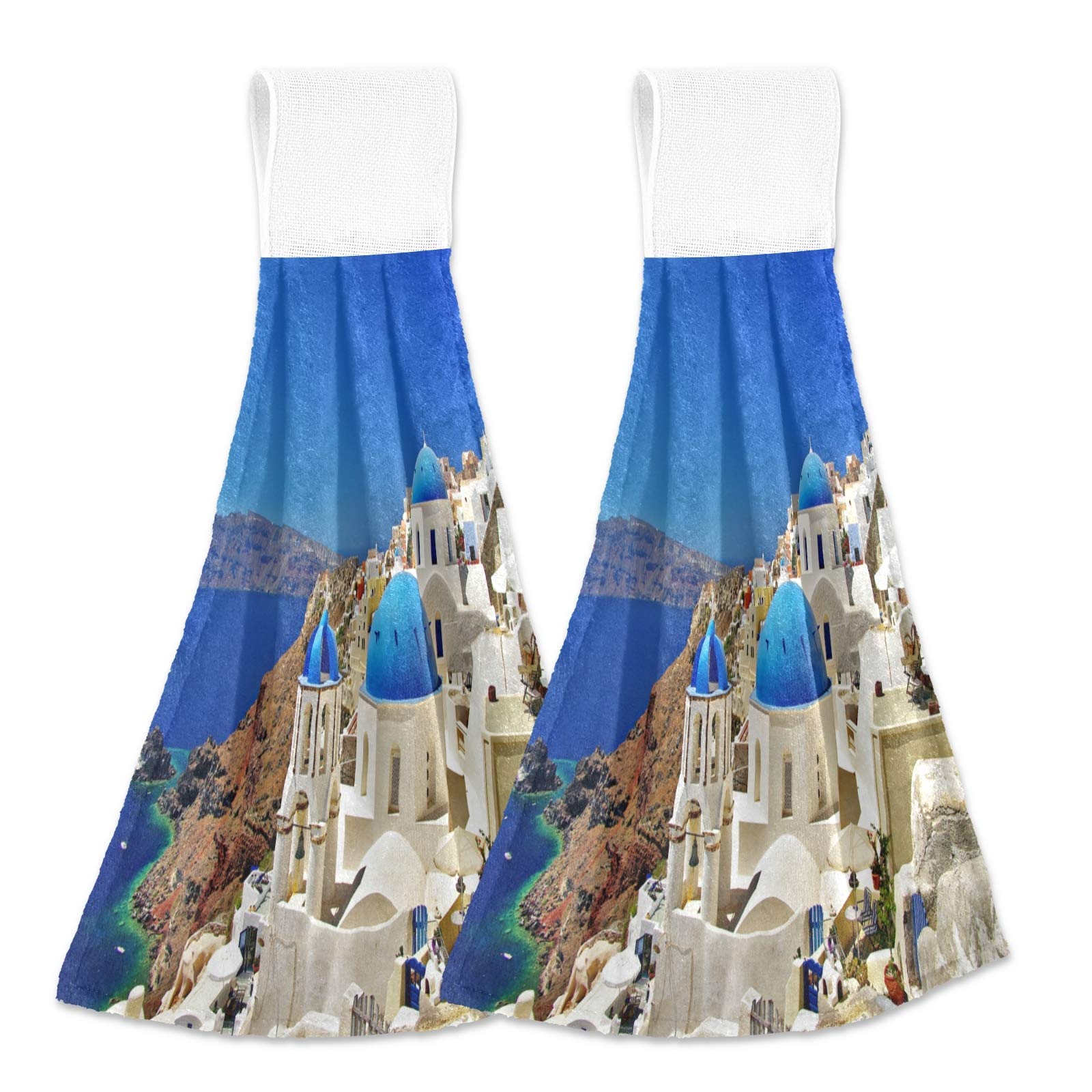 Blueangle Santorini Kitchen Towels - Set of 2, 12x17 Inch Soft Absorbent Dishcloths & Hand Towels with Hanging Loop for Bathroom & Kitchen Decor | Perfect for Drying Dishes, Cleaning Countertops & Adding Coastal Style to Your Home