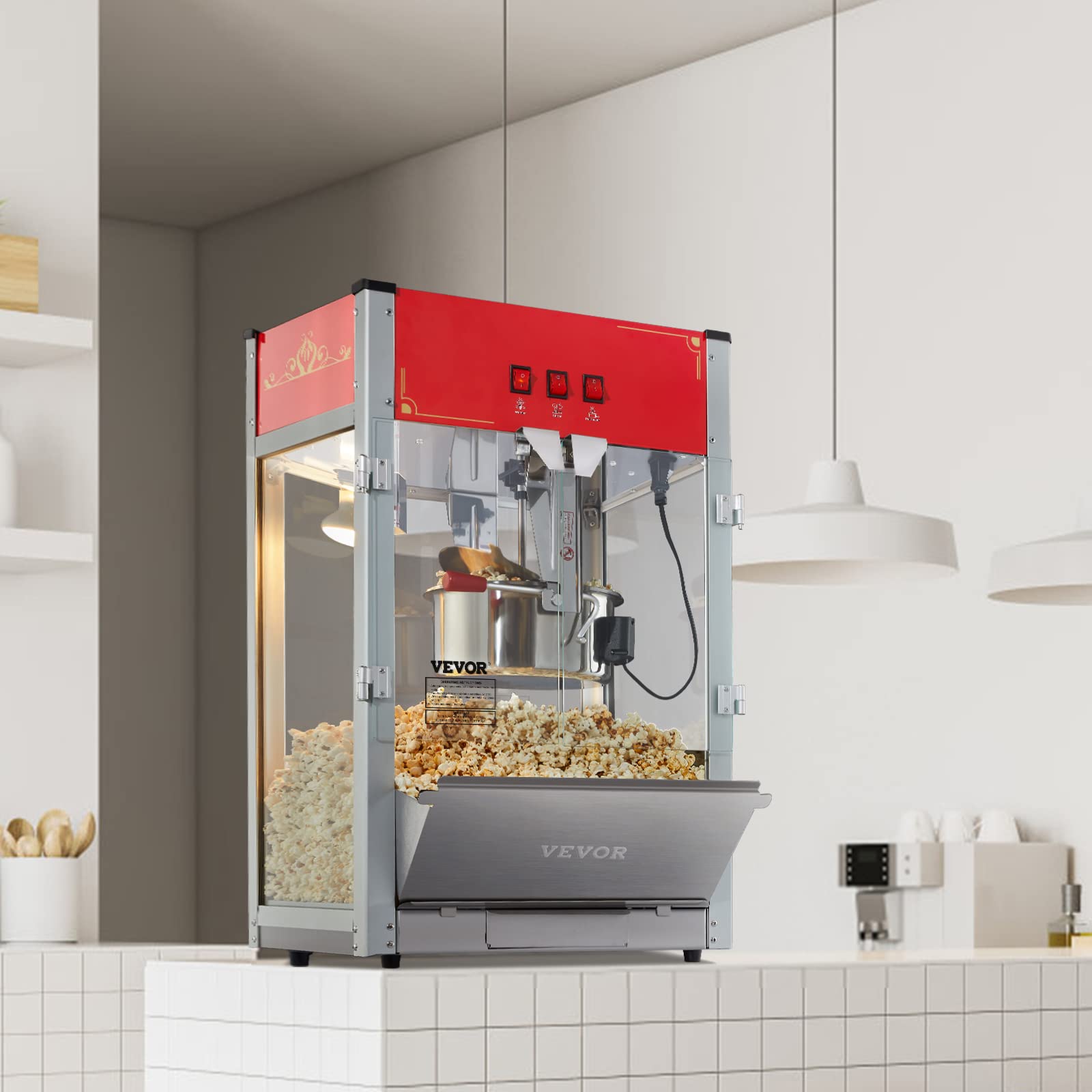 VEVOR 12 Oz Commercial Popcorn Machine - 1440W Theater Style Popper with 3-Switch Control, Steel Frame & Tempered Glass - Makes 80 Cups per Batch (Includes Scoop & 2 Spoons, Red) - Perfect for Movie Theaters, Carnivals, and Home Entertainment