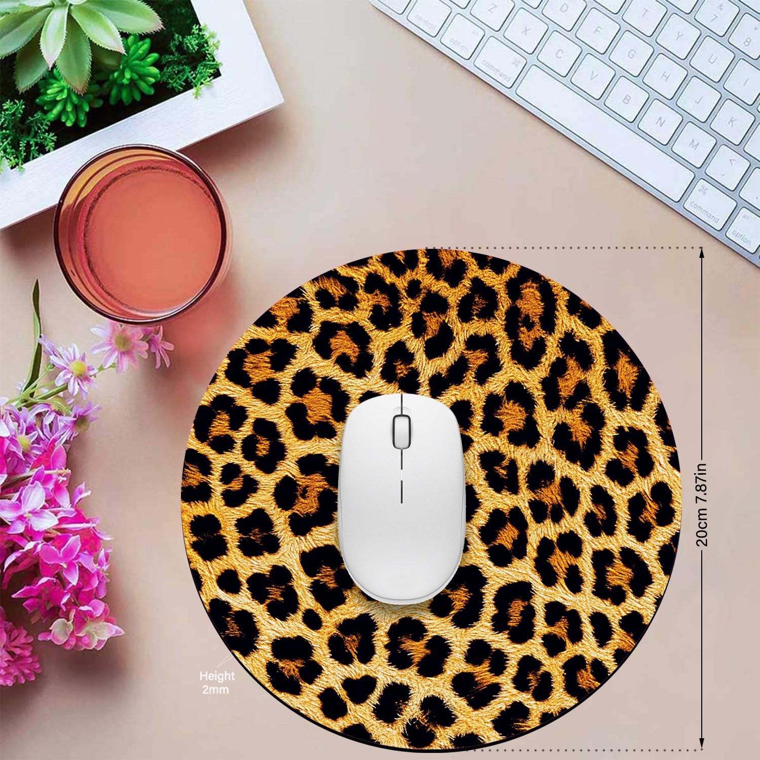 Non-Slip Rubber Gaming Mouse Pad & Coffee Coaster Set - Round Computer Laptop Desk Accessory with Leopard Print Design for Office, Home, and Gaming Setup
