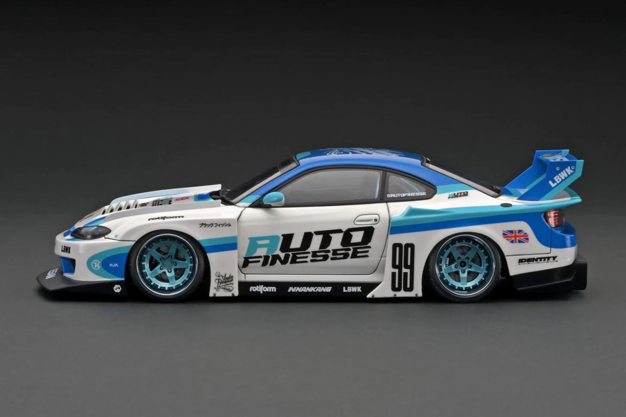 1:18 Scale Nissan Silvia S15 LBWK Super Silhouette Diecast Model Car - White & Blue Racing Collectible - Perfect for Display, Racing Enthusiasts, and Car Model Collections