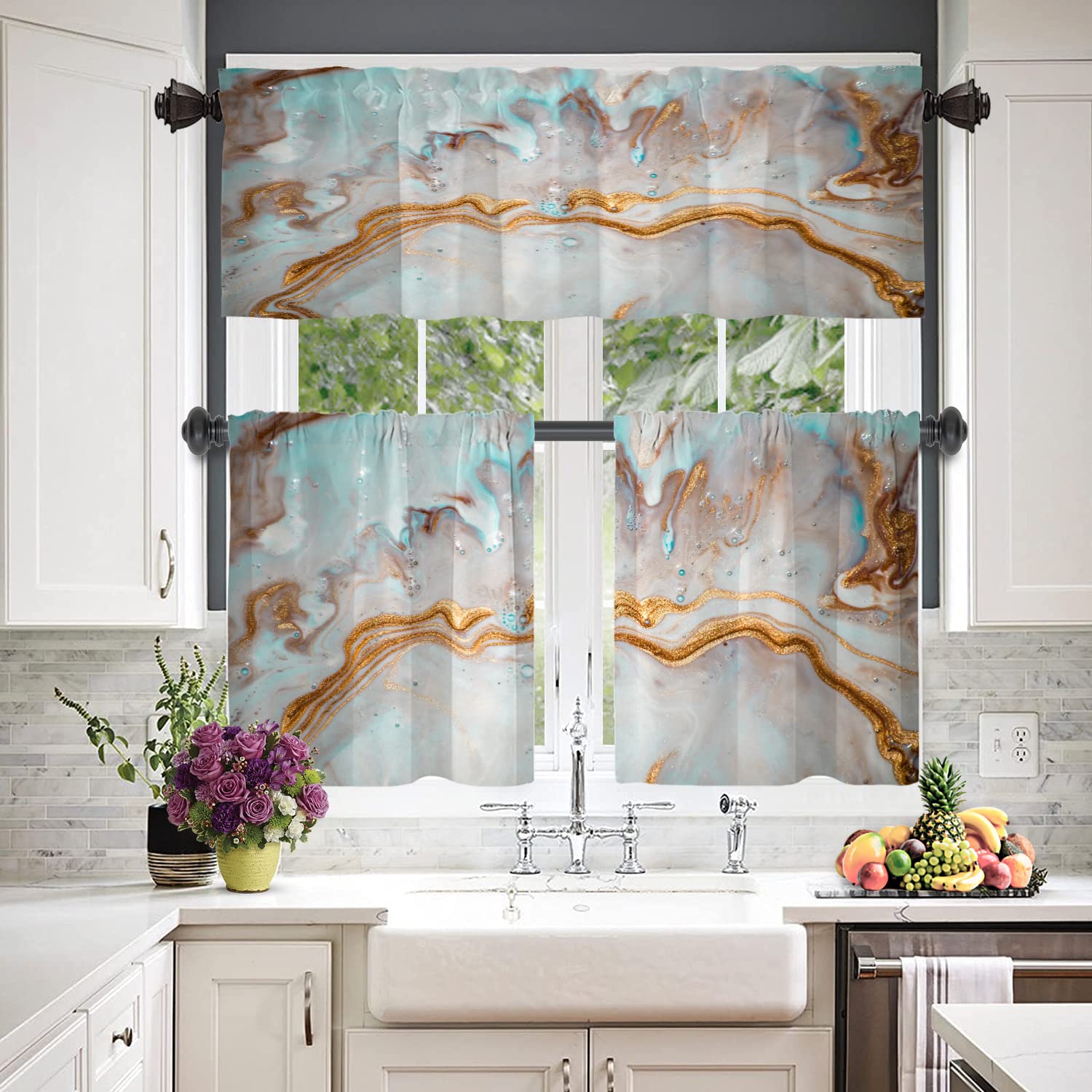 Blue Modern Marble Kitchen Tier Curtains - Steel Blue Abstract Blackout Valances, 2-Pack 26x24 Inch Multilayer Polyester Window Treatments for Kitchen & Dining Room | Perfect for Home Decor, Privacy & Light Control