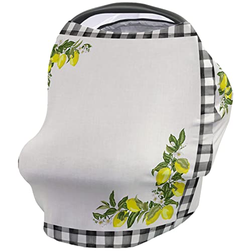 Baby Car Seat Covers & Nursing Cover - Soft Breathable Stretchy All-in-1 Infant Stroller Canopy for Boys & Girls - Vintage Fruit Black White Buffalo Plaid - Perfect for Breastfeeding, Car Travel & Stroller Protection