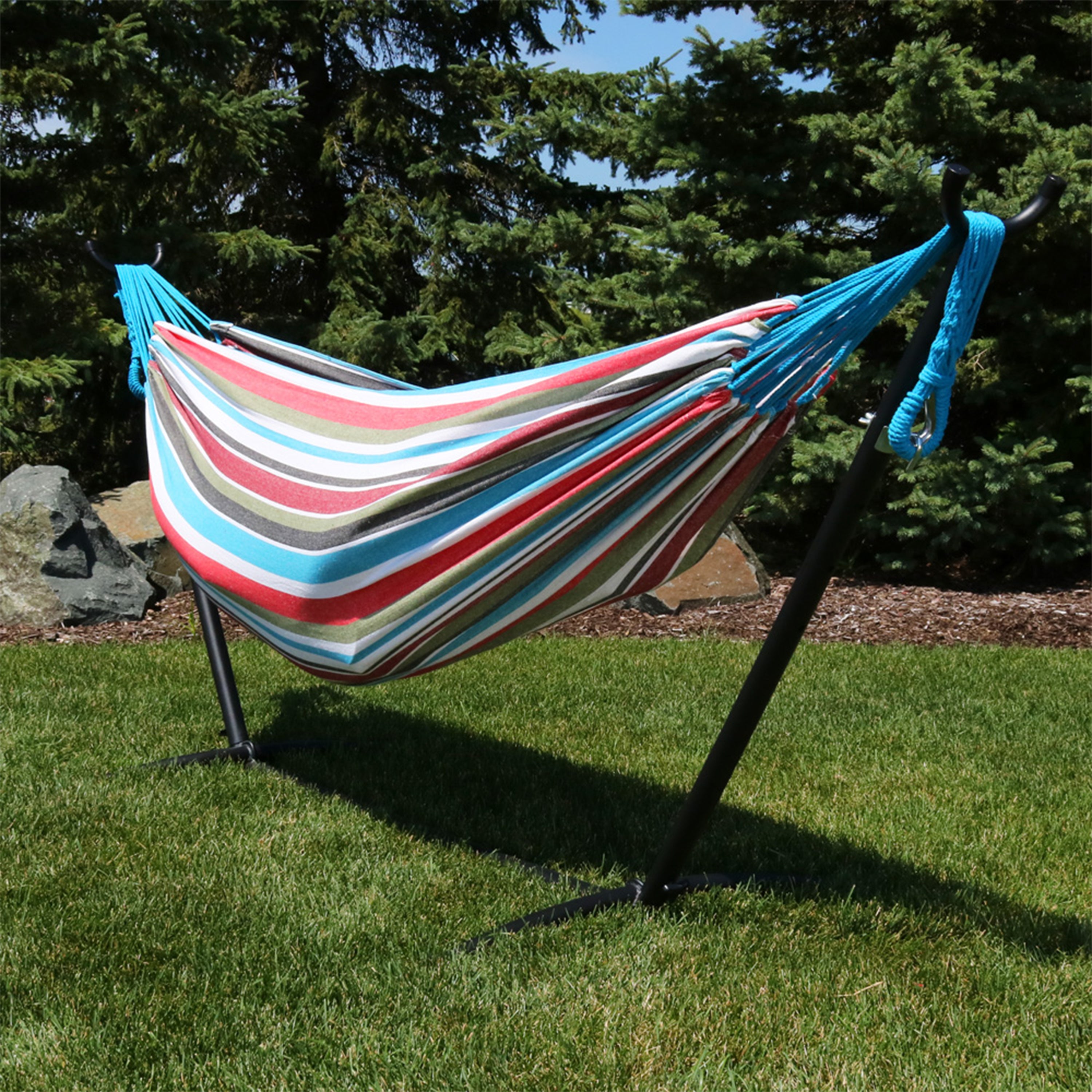 Premium Brazilian Double Hammock with Stand & Carry Bag - Heavy Duty Cotton Rope Hammock for Outdoor, Backyard, Patio & Beach Relaxation
