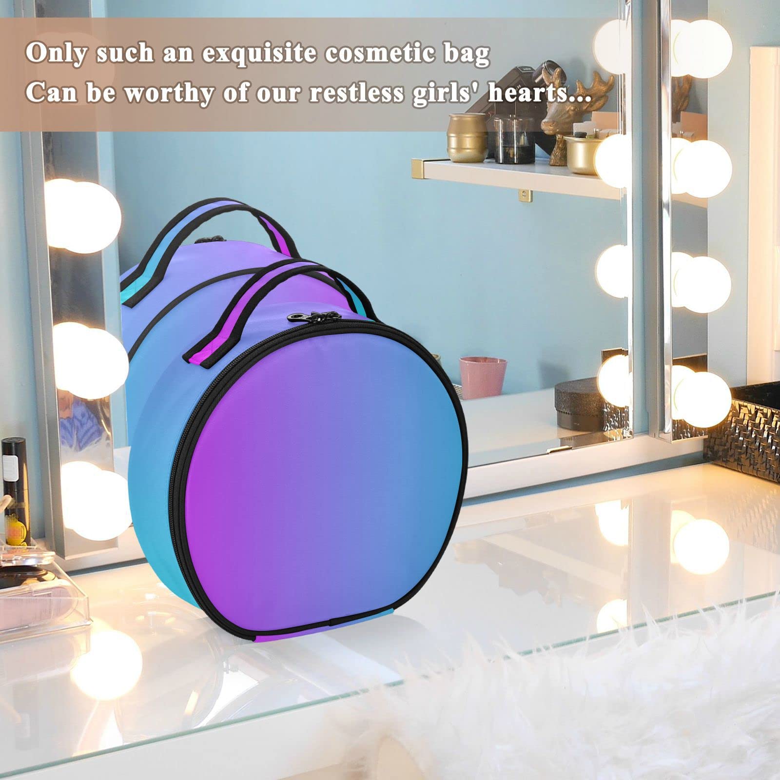 Linqin Travel Makeup Organizer - Portable Adjustable Makeup Bag for Women with Dividers, Blue Purple Gradient Cosmetic Case for Jewelry, Brushes & Toiletries | Perfect for Travel, Home Storage & On-the-Go Organization