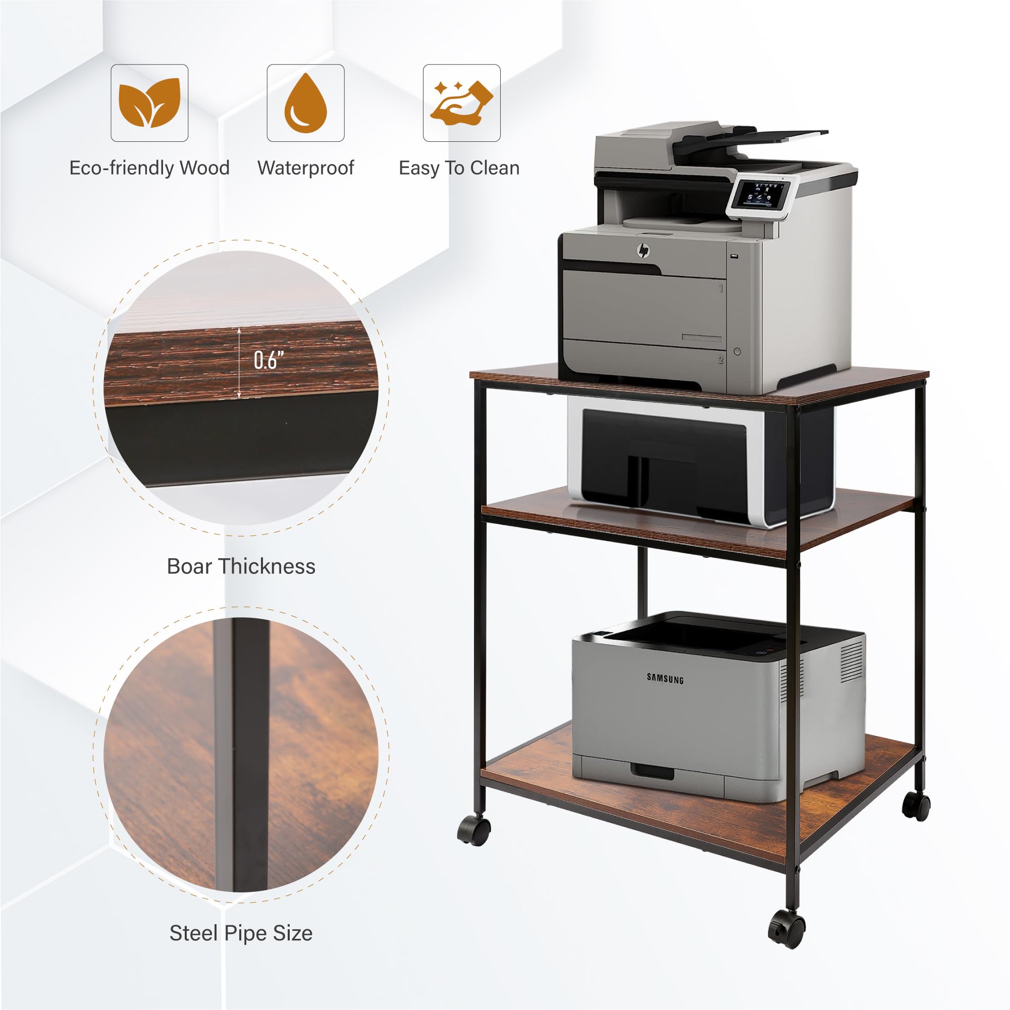 EMERIT 3-Tier Heavy Duty Printer Stand Cart with Adjustable Shelves & Lockable Wheels - 23.6x18.9x31.5 Inches for Laser/Inkjet/All-in-One Printers, Scanners, Fax Machines & Office Supplies - Perfect for Home Office, Small Business & Industrial Workspaces