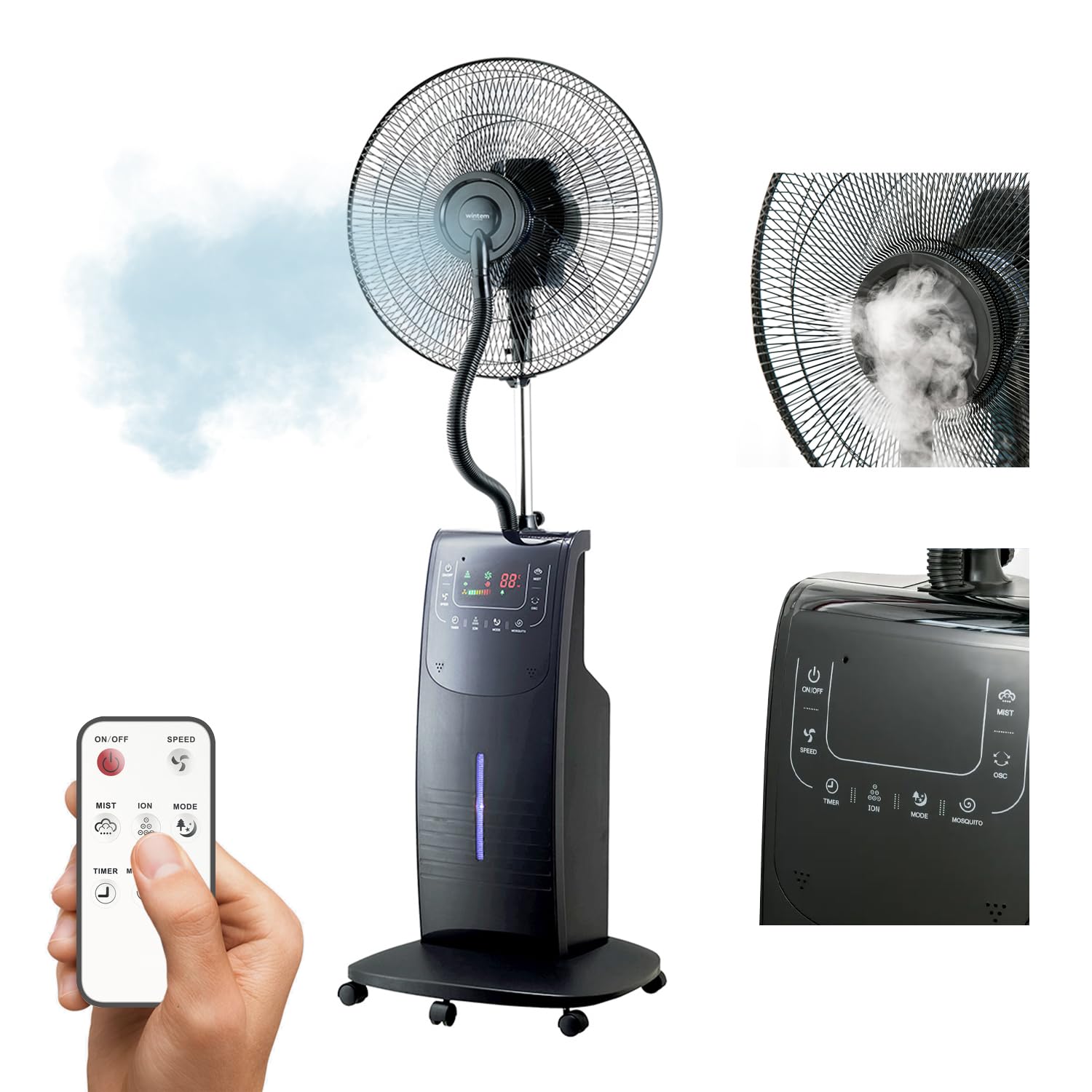 Wintem ATUM 3-in-1 Misting Fan with Ionizer - Touch Screen Display, 3 Speed Settings, Remote Control, 12H Timer, 3L Water Tank, Aroma Diffuser & Mosquito Repellent - Perfect for Patio, Garden, and Outdoor Cooling