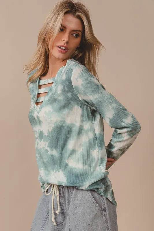 Bibi Variegated Tie Dye Rib V Neck Top With Straps in Dusty Sage Multi - Stylish Boho Chic Blouse for Women, Perfect for Summer Festivals, Beach Vacations & Casual Outings