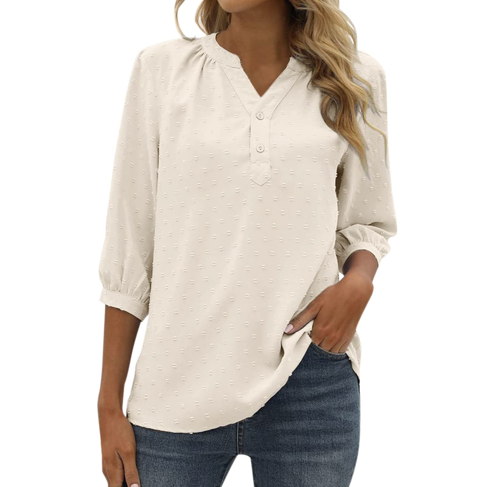 Women's Jacquard Pom Summer T-Shirt - Casual Half Sleeve Button V-Neck Tunic Blouse - Large White - Perfect for Beach Outings, Summer Vacations & Casual Wear